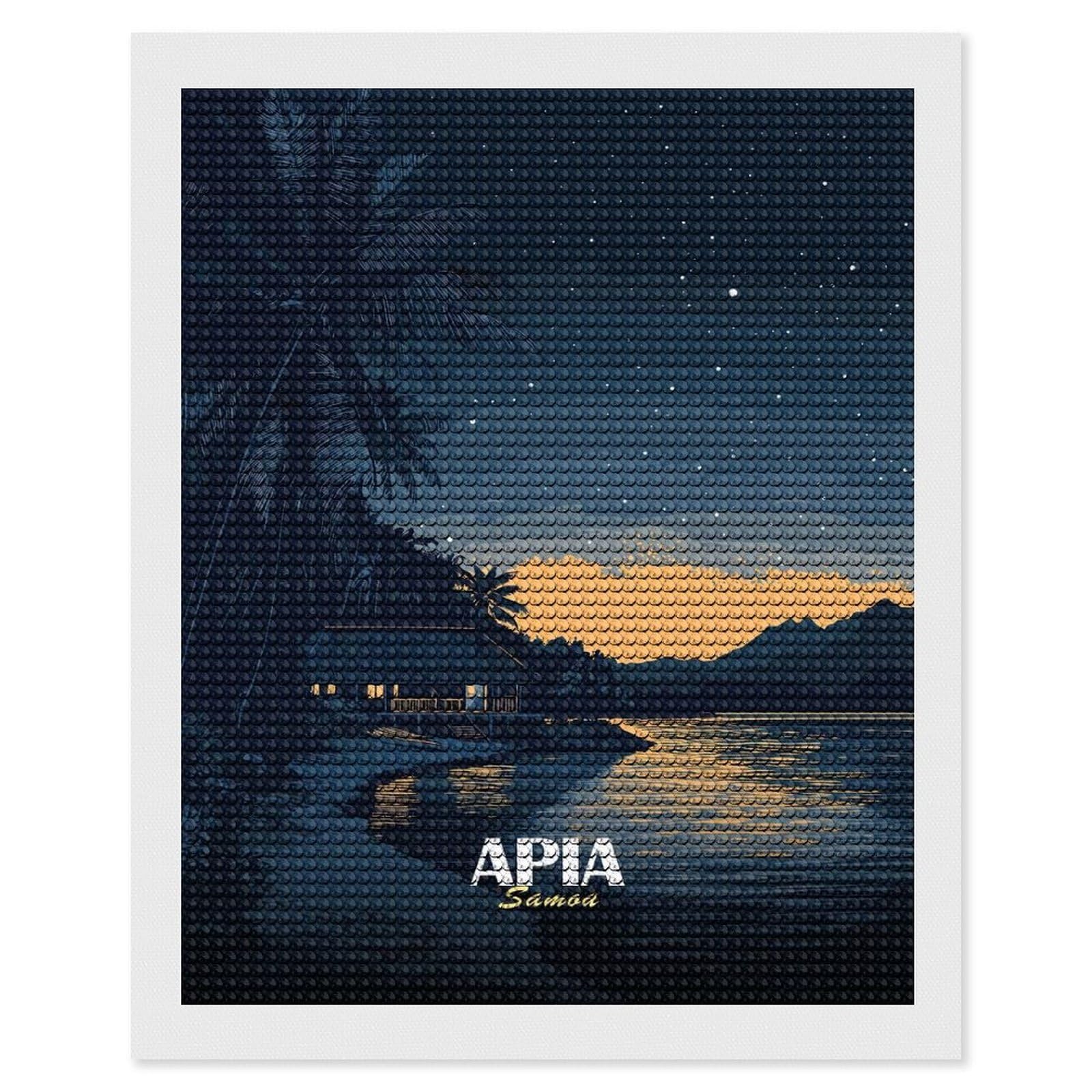 Junmoney Apia Samoa Night Landscape Illustration DIY Diamond Art Canvas Kit 16"x20", Farmhouse Decor, Vintage Style Decor, Handmade Wall Decor, Canvas Picture