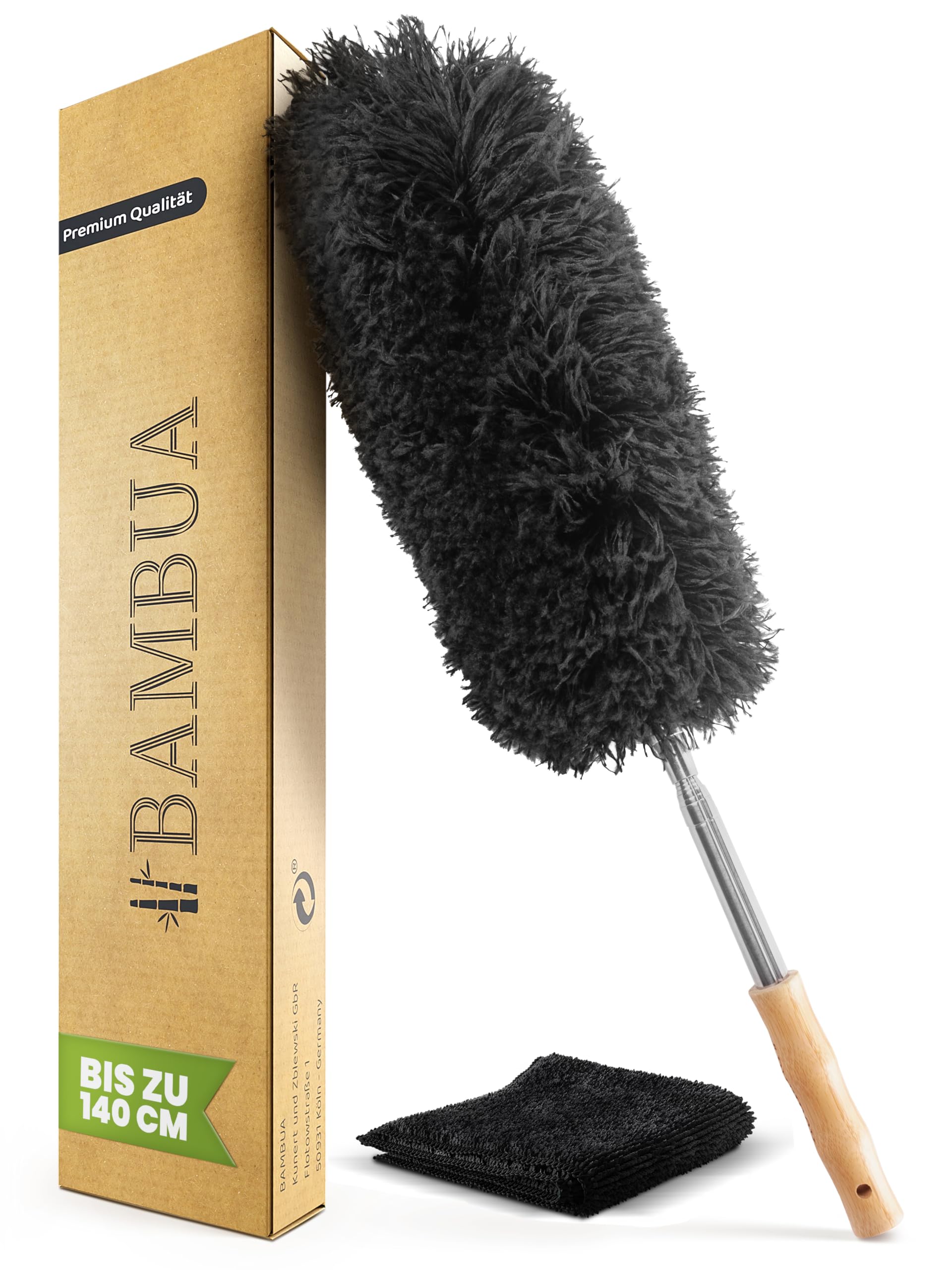 BAMBUA Staubwedel Teleskop - Effektiver Staubfänger mit erstklassiger Mikrofaser - Nachhaltiger Bambusgriff - Premium Staubwischer inkl. Mikrofasertuch - Teleskop Staubwedel lang ausziehbar (140cm)