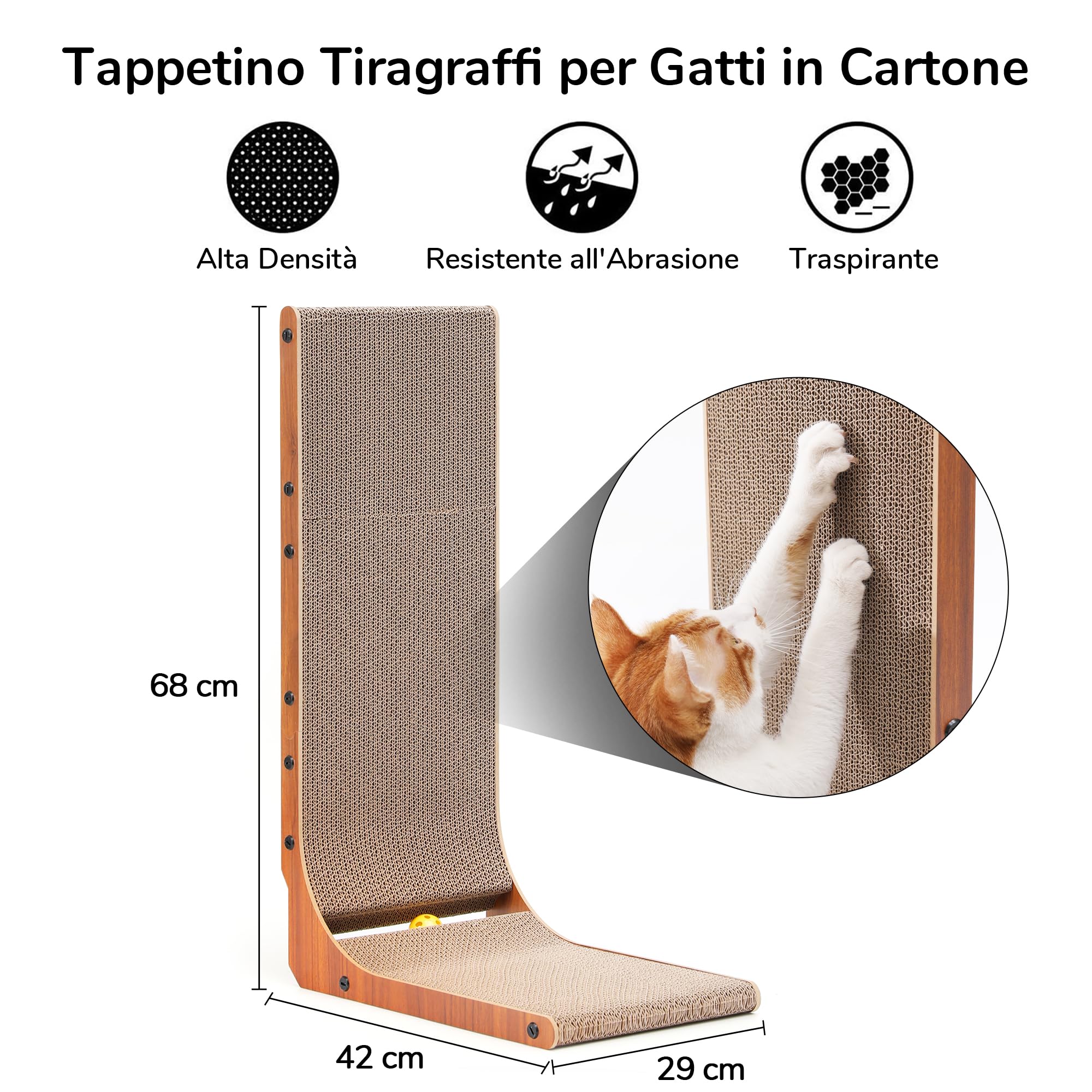 FUKUMARU Tiragraffi per Gatti Cartone, Giochi per Gatti Interni, Tiragraffi Divano Verticale, a Forma di L(68 cm), con Palla Giocattolo, Colore Noce