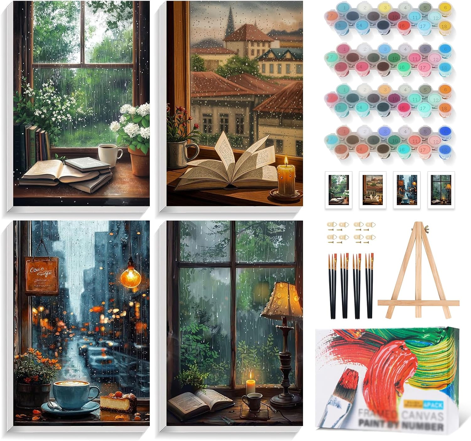 4 Pack Framed Paint by Numbers Kit for Adults Window View, Wooden Easel