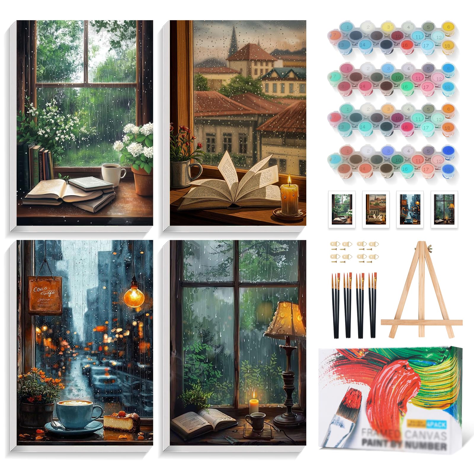 Yezavesu 4 Pack Framed Paint by Numbers Kit for Adults Beginner with Wooden Easel