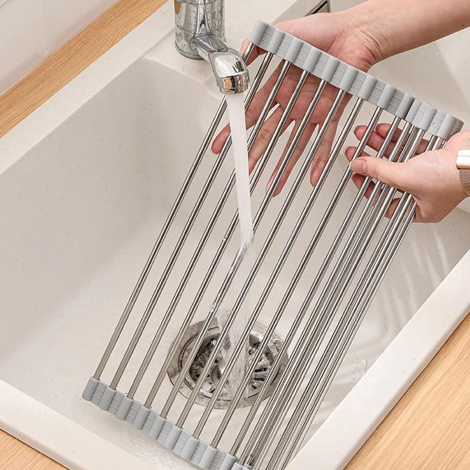 HUHJYUGE Griglia Scolapiatti Arrotolabile, Scolapiatti Pieghevole in Acciaio Inox 304, Supporto da Lavello per Piatti, Ciotole, Bacchette, per Lavello o Piano Cucina (A 52x41cm)
