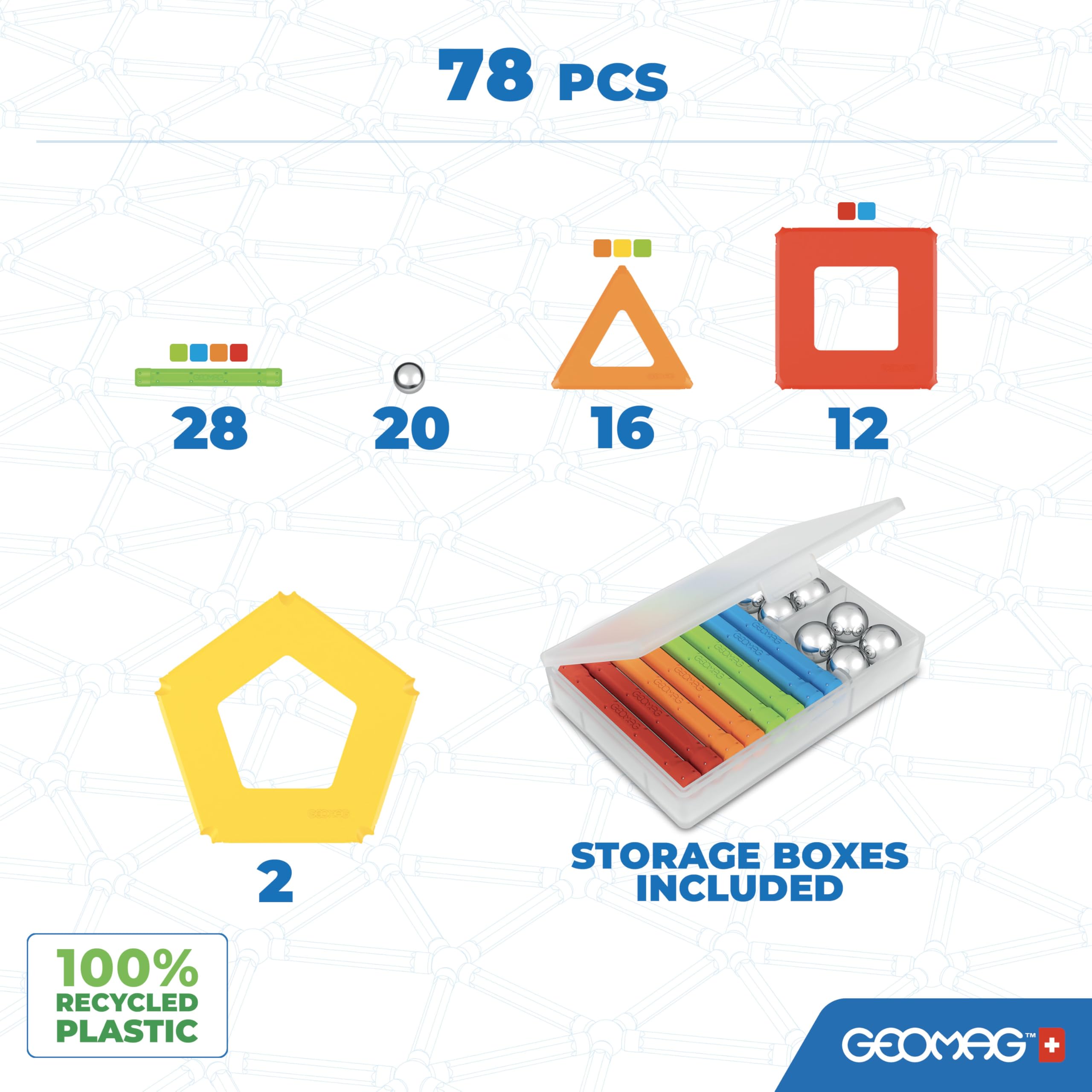 Geomag - Supercolor - Superkolorowe Magnetyczne Klocki dla Dzieci, Zabawka Magnetyczna, Gra Edukacyjna, Green Collection, 100% Plastiku z Recyklingu, 78 sztuk