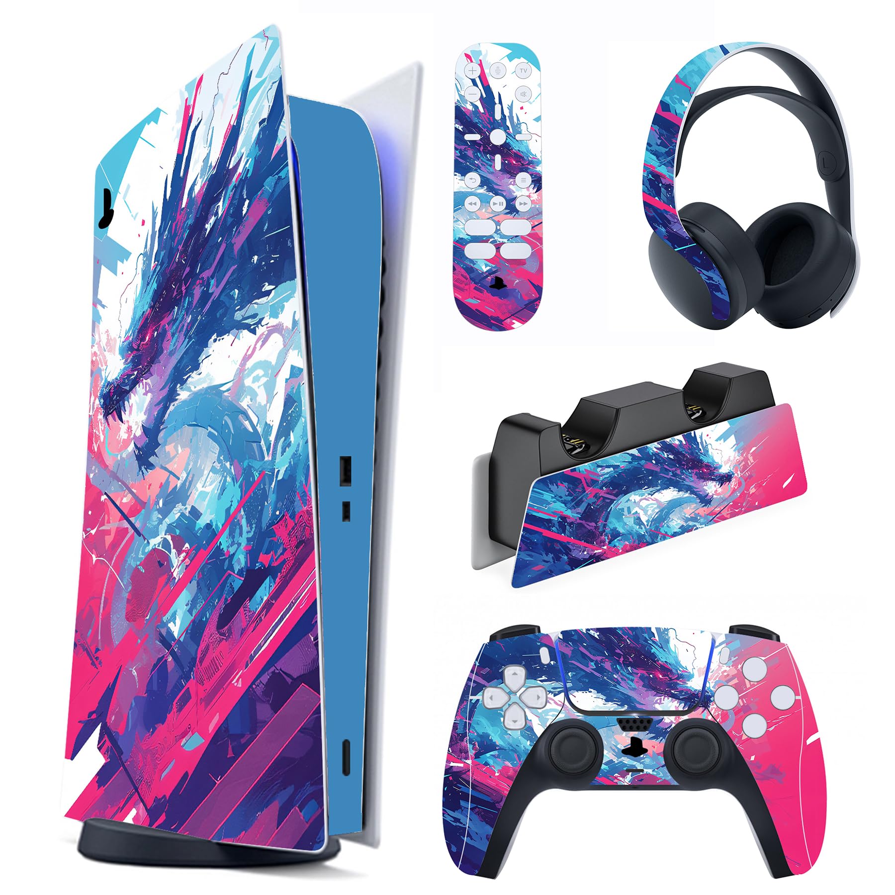 PlayVital Full Set Skin Decal for ps5 Console Digital Edition, Sticker Vinyl Decal Cover for ps5 Controller & Charging Station & Headset & Media Remote - Neon Dragoon