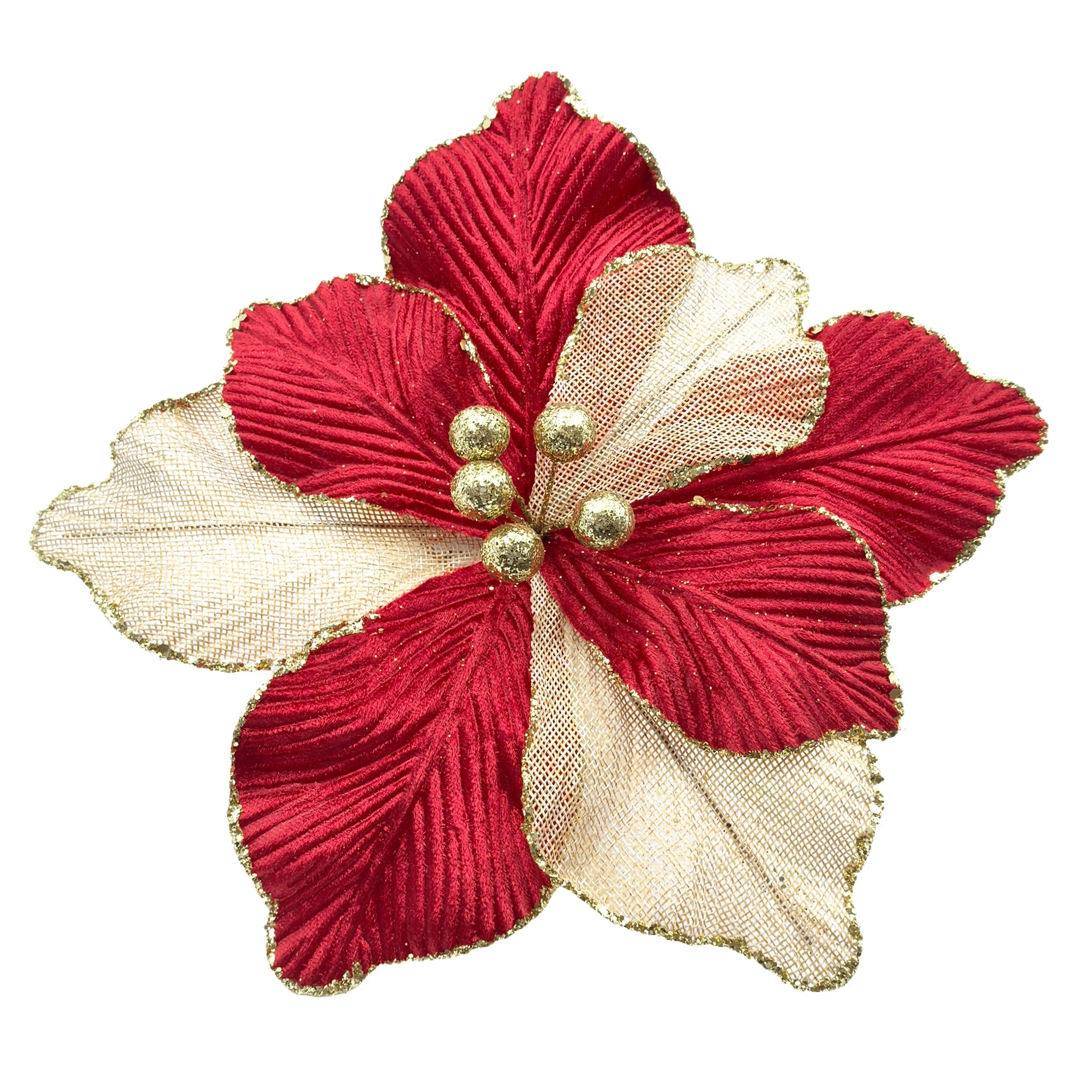 M2cbridge Red With Champagne Artificial Christmas Flowers Red Velvet Poinsettia Floral Picks For Christmas Wreath Tree Ornaments,4Pcs(Red With Champagne)