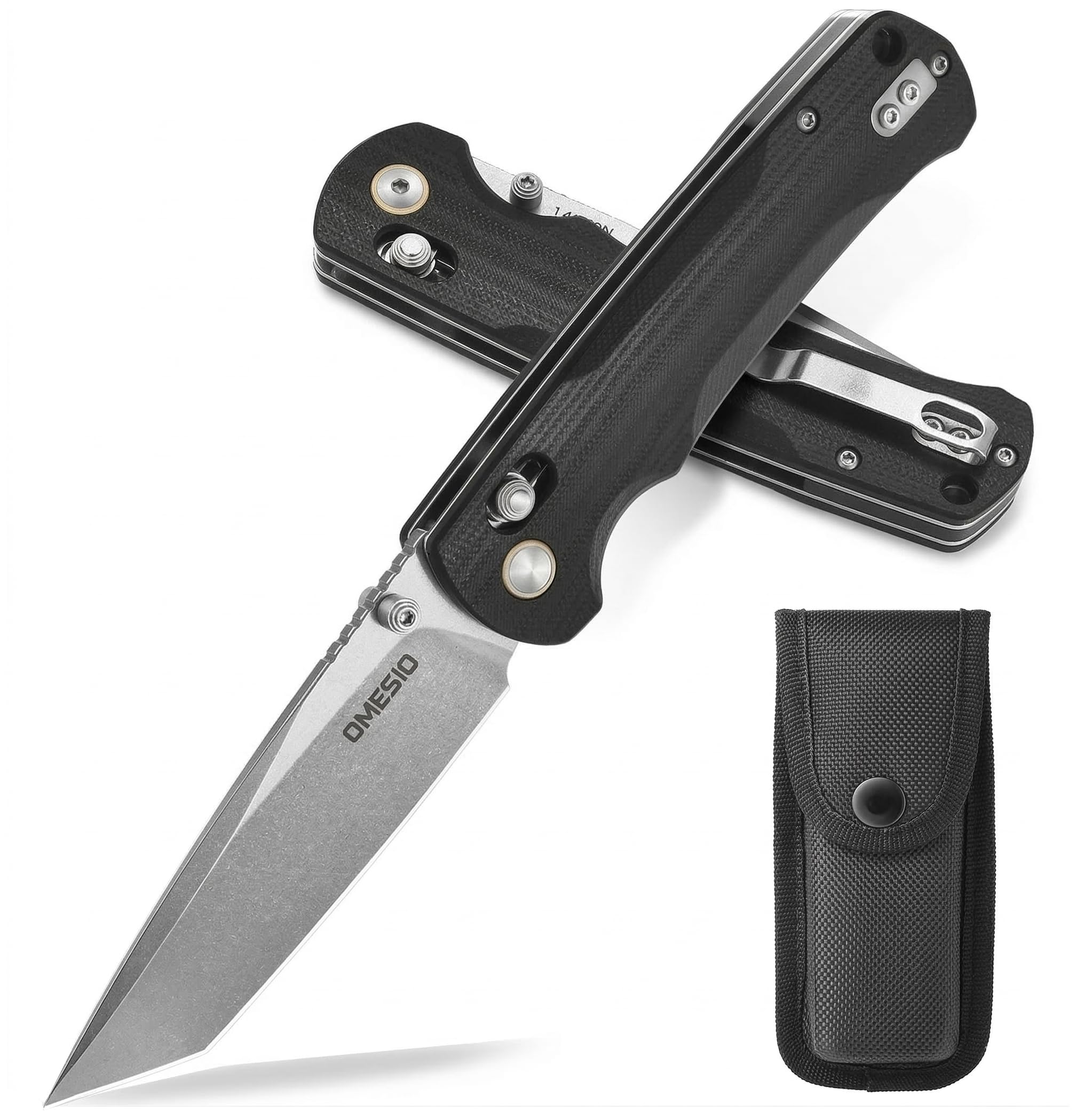 Omesio Couteau pliant M-LB21 Tanto, lame en acier 14C28N, manche en G10, conception légère, étui en nylon inclus, longueur de lame 8,4 cm, idéal pour le camping en plein air.