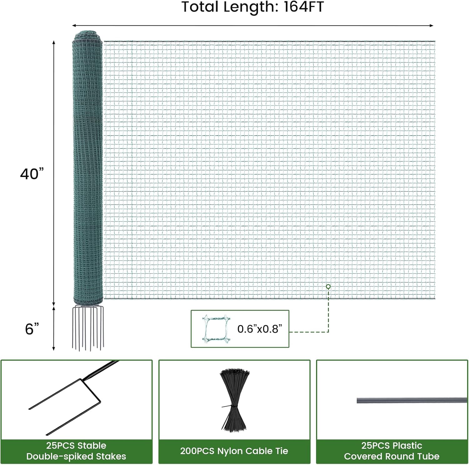 DoCred Non Electric Fence Netting, 40in x 164ft Portable Movable Livestock Nets Mesh for Chickens,Goats, Sheep, Dog, Reusable Nylon Animal Barrier Fencing Netting for Backyards, Farms Ranches