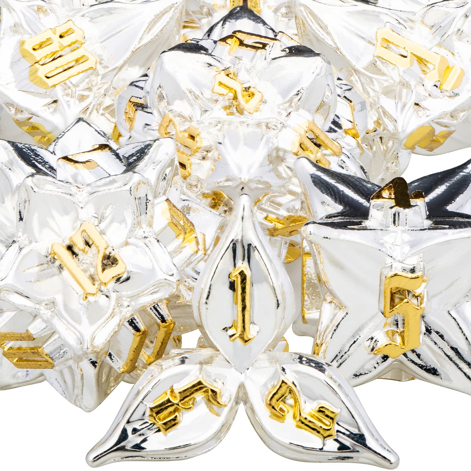 ARUOHHA DND Metal Dice Set Silvery Leaf Golden Numbers Design Polyhedral Dragons Dice with Box, 7PCS Dungeons D and D Dice RPG Role Playing Games D20 D12 D10 D8 D6