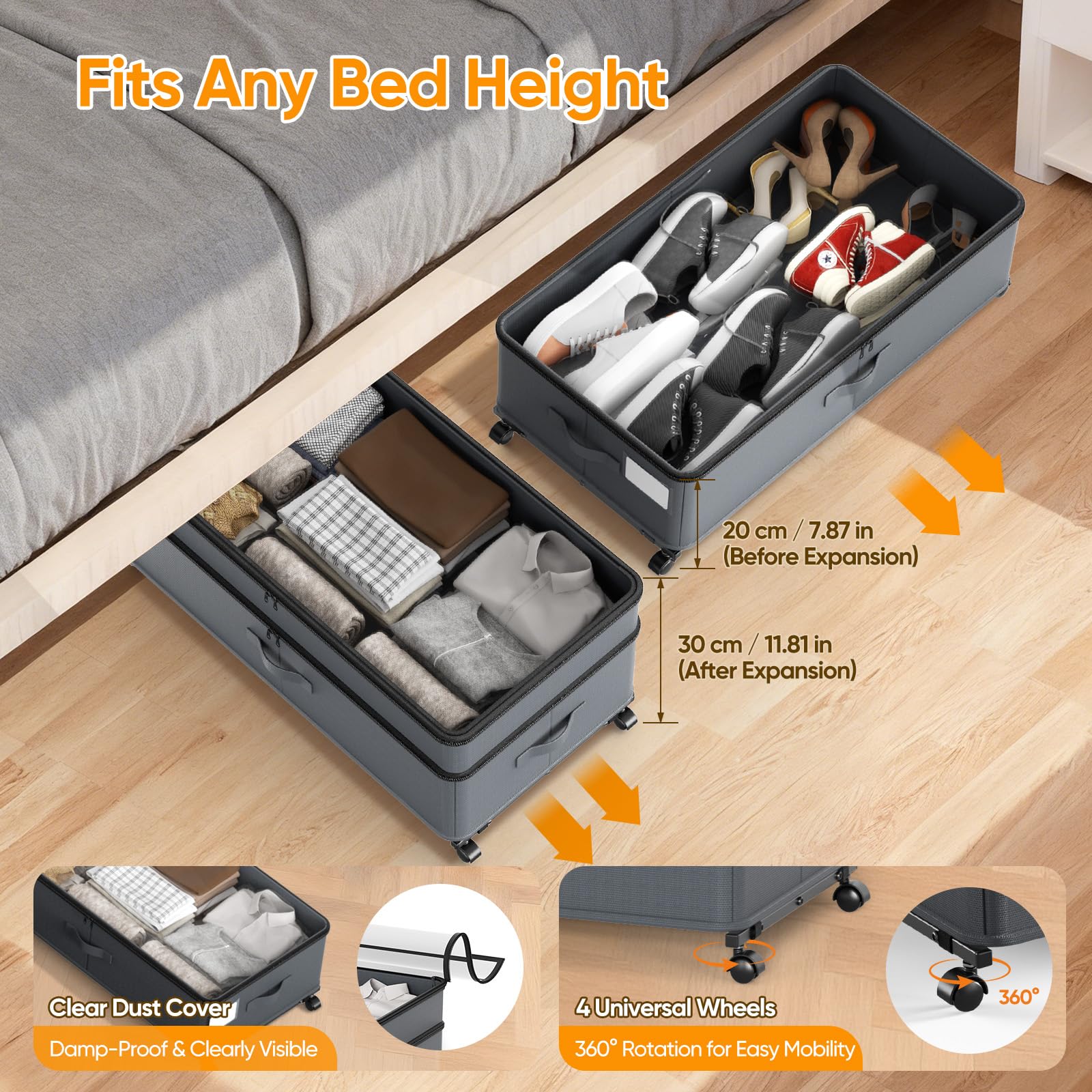 Contenitore sotto il letto con ruote, confezione da 2 contenitori scalabili sotto il letto con coperchi, organizer per scarpe sotto il letto, cassetti per vestiti, scarpe, giocattoli, ecc