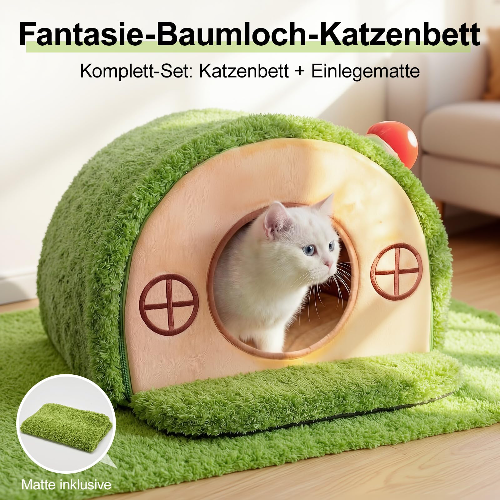 Baumhöhle Katzenbett, Katzenhöhle Indoor mit Pilzglocke | Katzenhaus mit Geborgenheit, waschbares Samtkissen, rutschfester Boden, stabil & schnell aufgebaut, für Katzen bis 6 kg