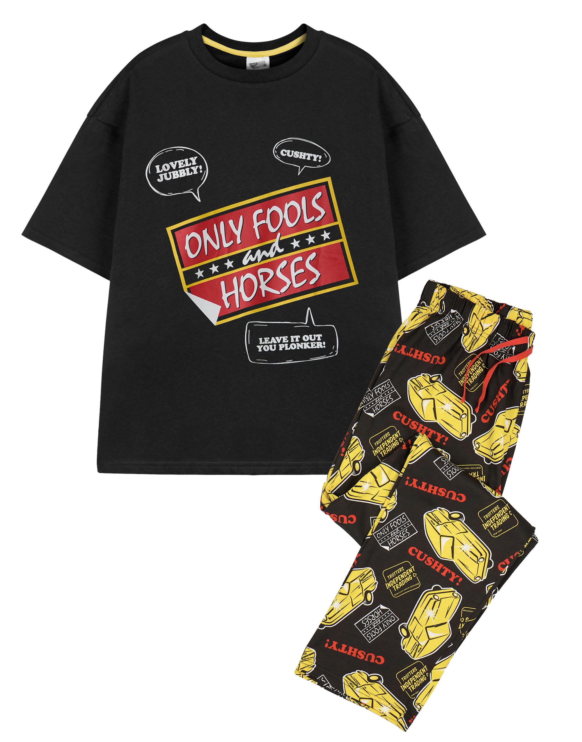 Vanilla Underground Men's Black Only Fools & Horses Pyjama Set | Cushty Adults Classic Logo Short Sleeve Top And All Over Print Graphic Loungewear Bottoms In | Classic Tv Comedy Show Merchandise Gift