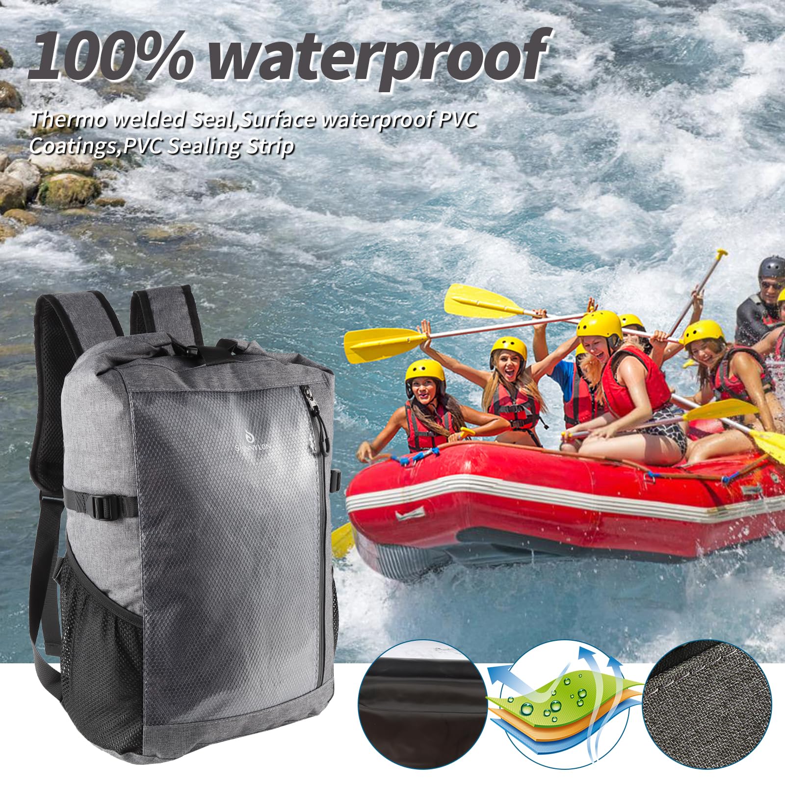 Sac à dos étanche de 25 L pour kayak, sac étanche avec pochette à la taille et étui pour téléphone, sac étanche marin