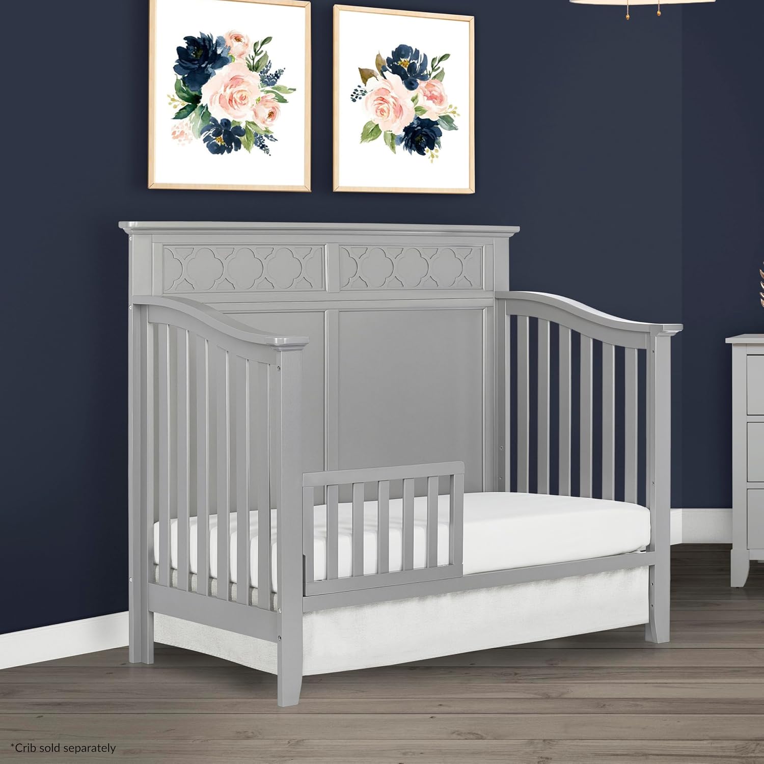 dream on me universal convertible crib toddler guard rail in silver grey pearl, compatible with select dream on me cribs, crib to toddler bed conversion, easily attachable storm gray pearl