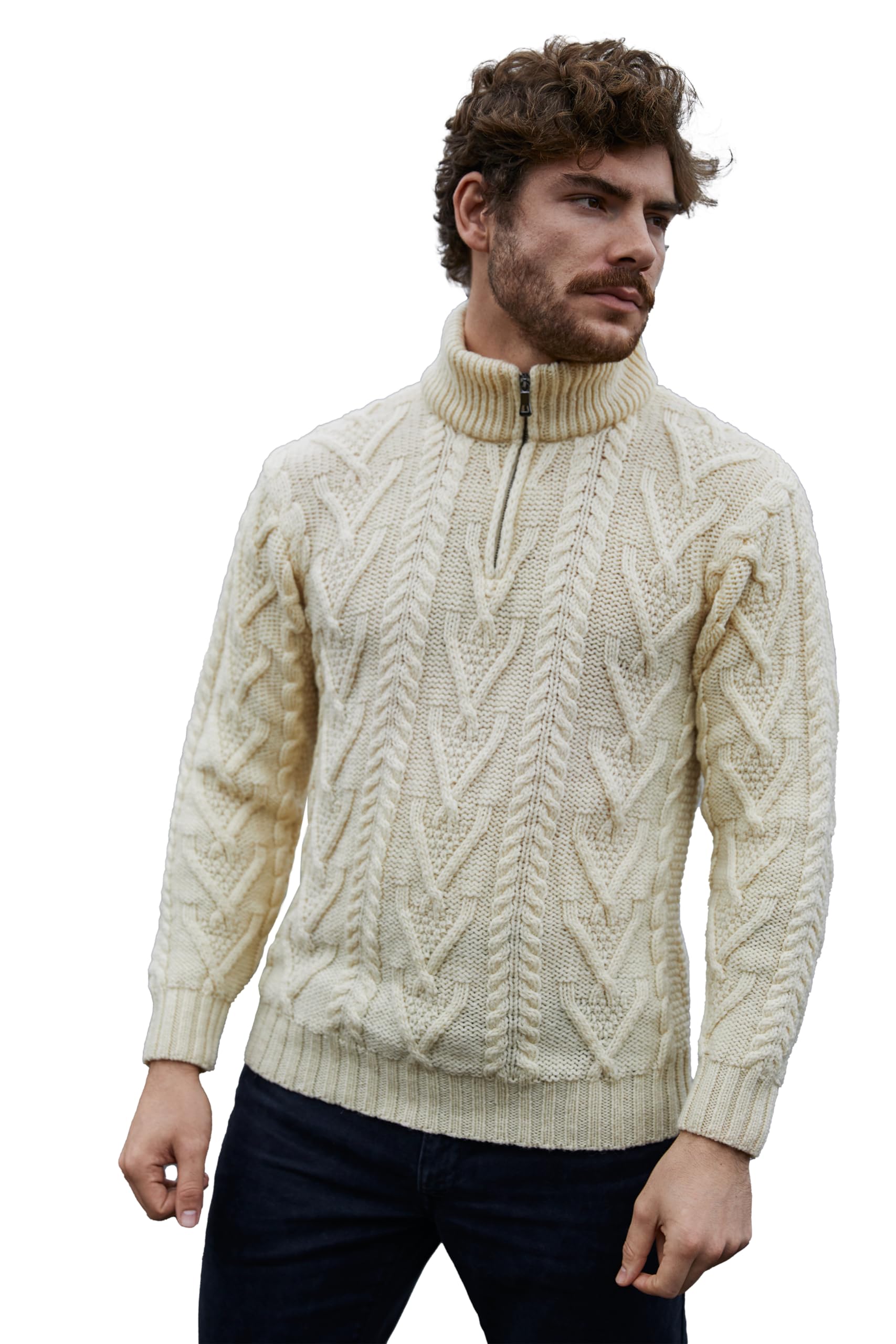 SAOL 100% Merino Wool Mens Zip Neck Sweater Irish Fisherman Cable Knit Winter Outdoor Pullover Aran Jumper, Natural, S