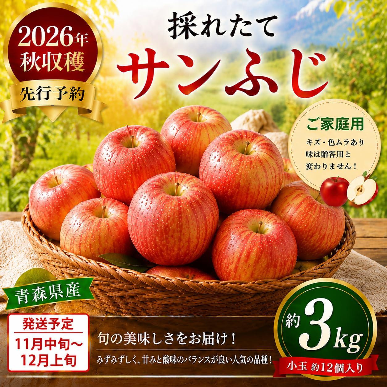 Amazon.co.jp: 2026年秋収穫 先行予約 青森県産 サンふじ りんご 約3kg