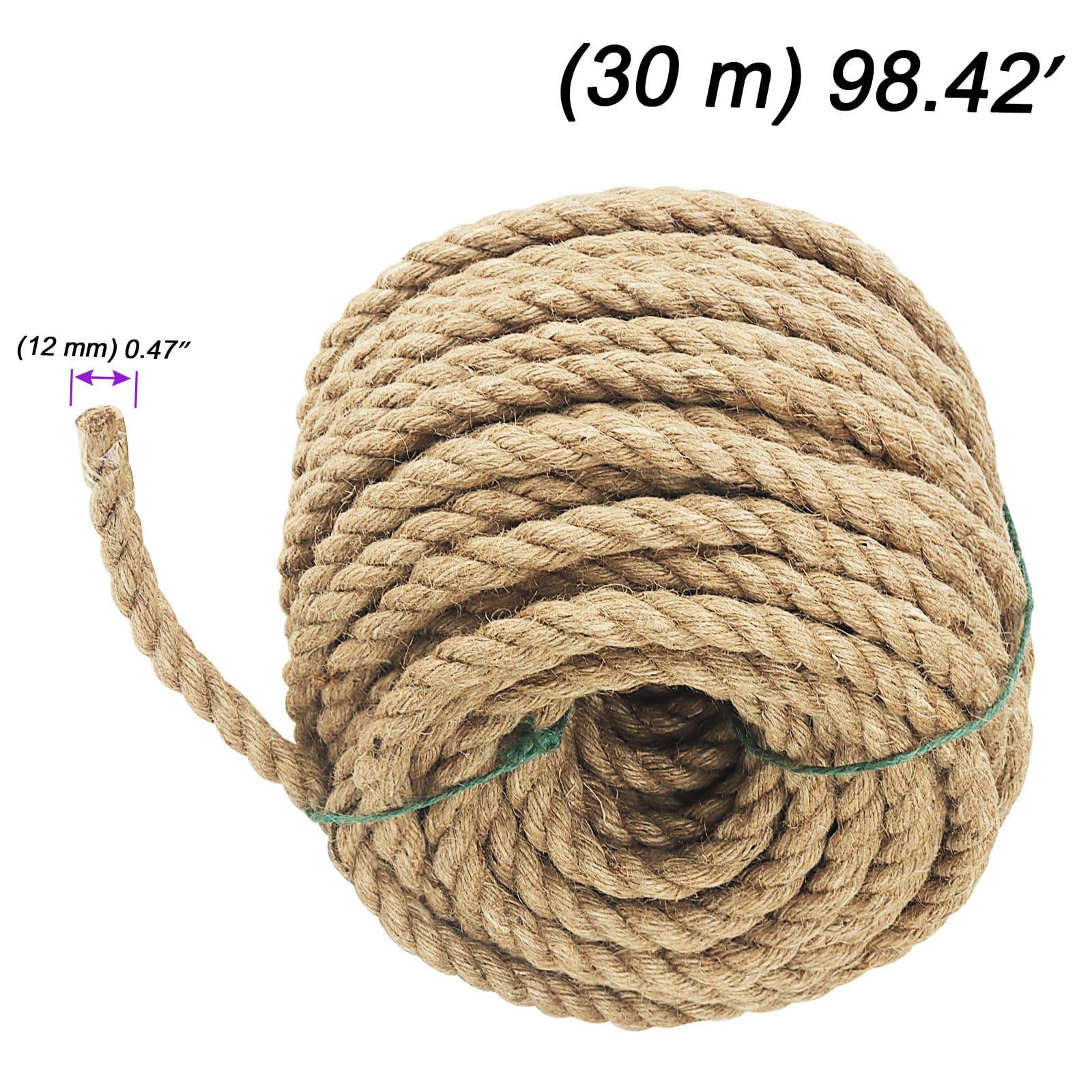 JOIKIT Corde de Jute Naturelle torsadée de 12 mm x 30 m, Corde de Chanvre tressée, Ficelle de Jute épaisse pour accrocher, Artisanat, décoration