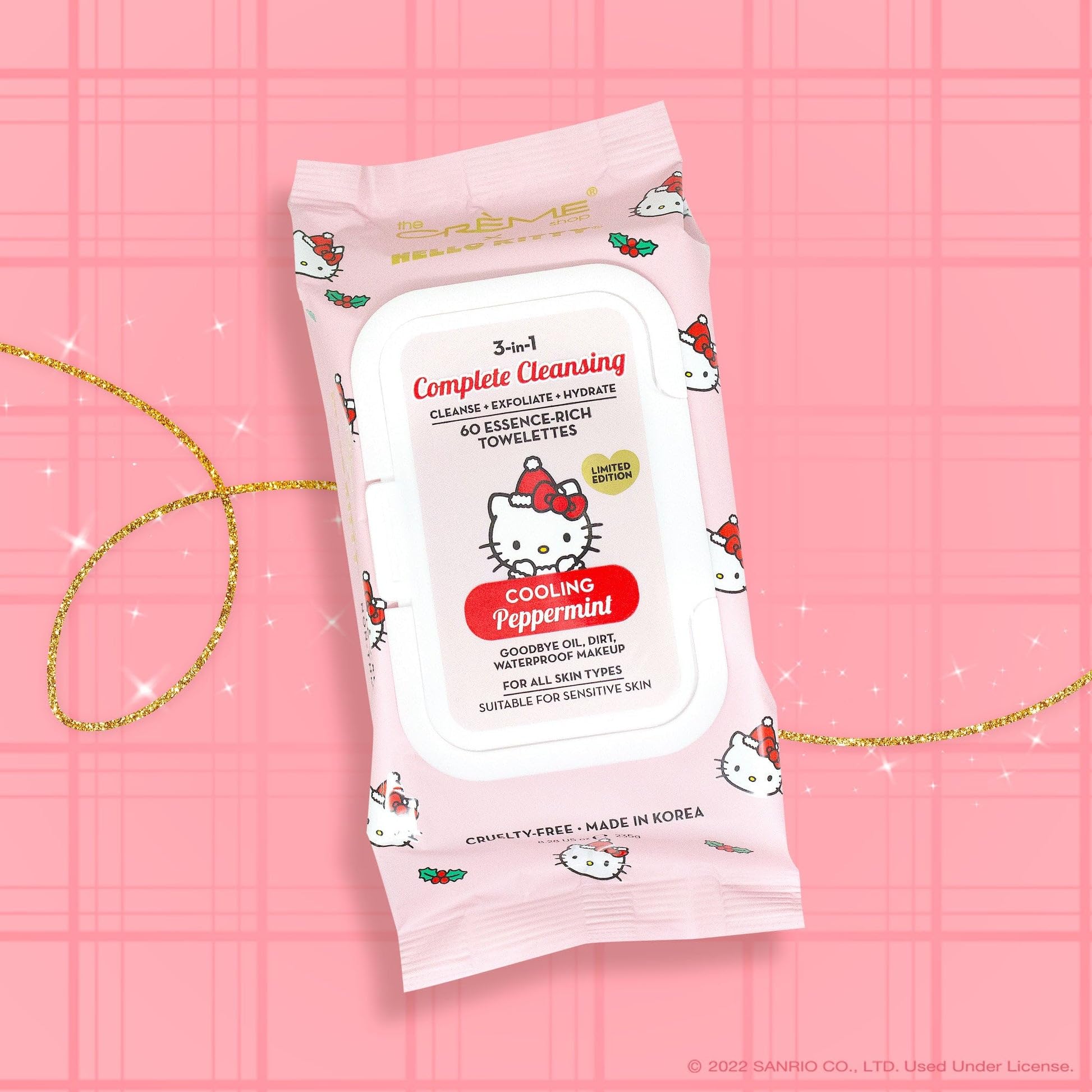 The Crème Shop x Hello Kitty 3-IN-1 Towelettes: Cooling Peppermint - Cleanse, Exfoliate, Hydrate Wipes for Face & Body - All Skin Types - Refreshing with Peppermint & Allantoin
