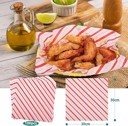Vista 44 de Hojas de papel encerado de 12 x 12 pulgadas, 100 forros para cestas de alimentos para sándwiches, hamburguesas, envoltorios de alimentos Rayas