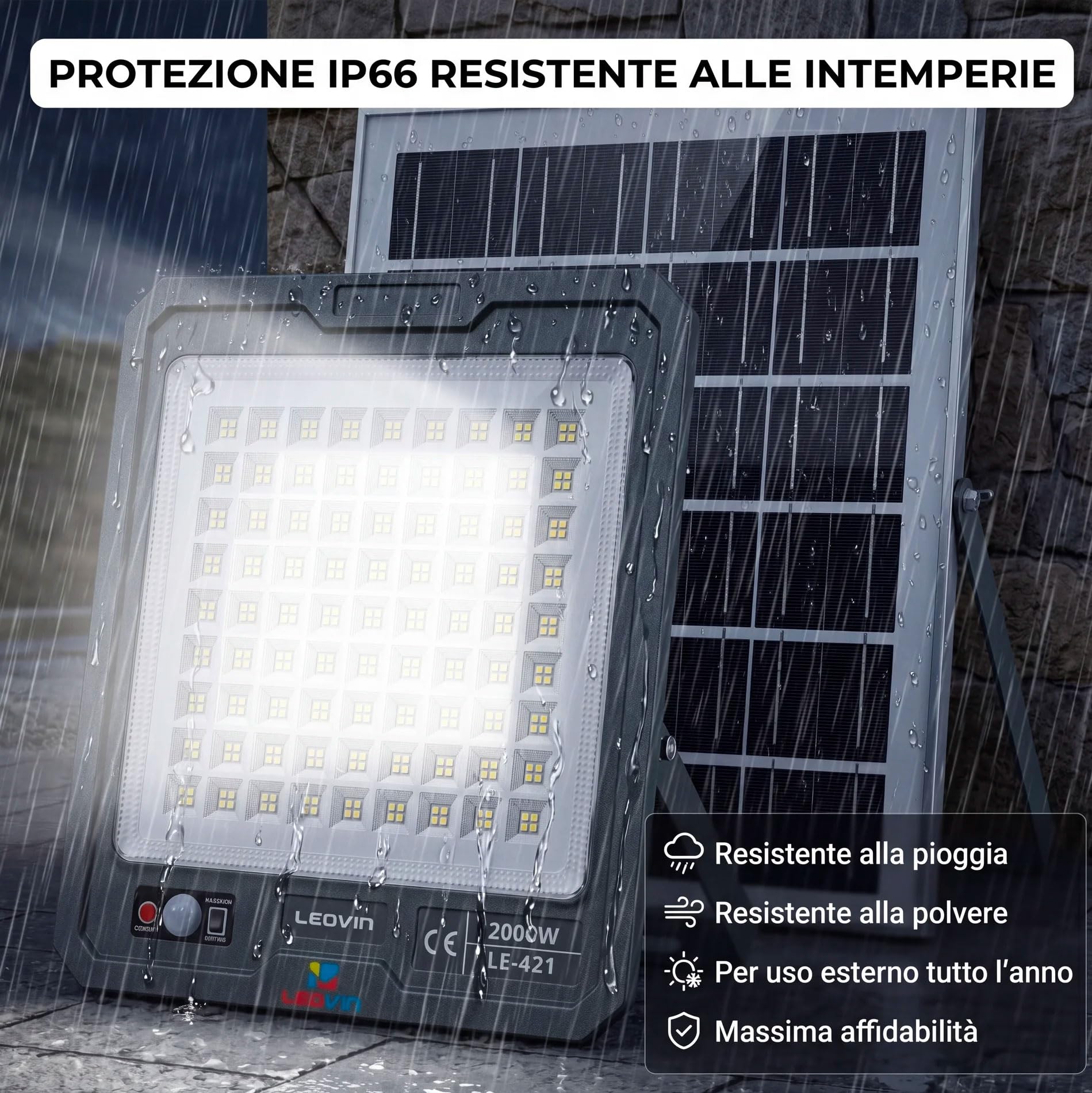 081 Store - Faro Solare LED 2000W con Pannello Solare Esterno 13W, 324 LED Ultra Luminosi, Sensore di Movimento PIR, Telecomando, Batteria 10800mAh, IP66 Impermeabile