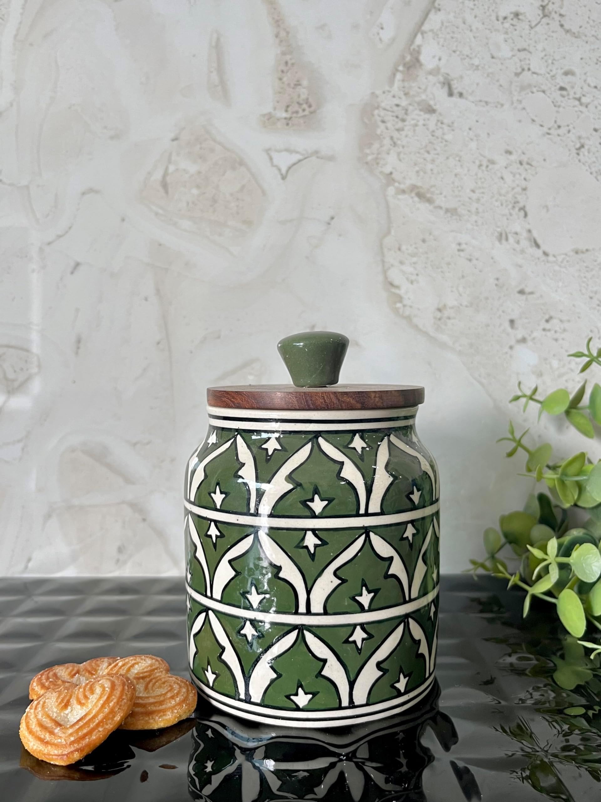 Ceramic Storage Jars, Hand Printed Designs, Made in India - Premium Handmade Ceramic Jar (Hand Printen Green Set Of 1)