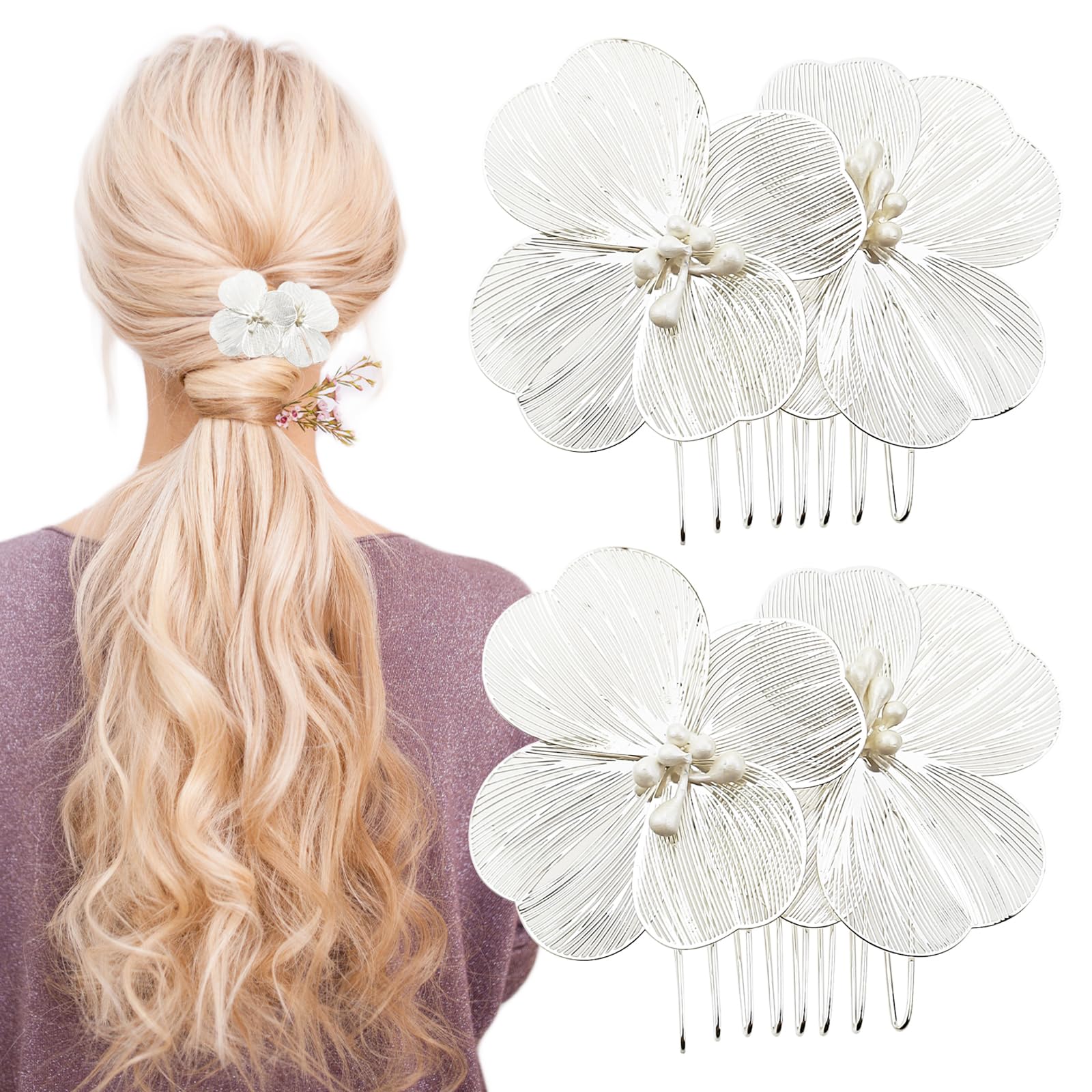 2 PACK Metal Flower Hair Combs, Flower Metal Hair Side Combs, Silver Hair Clip Headpiece Hair Combs, Women's Decorative Petal-Shape Silhouette Flower Hair Clips, for Bride, Party, Prom(Silver Color)
