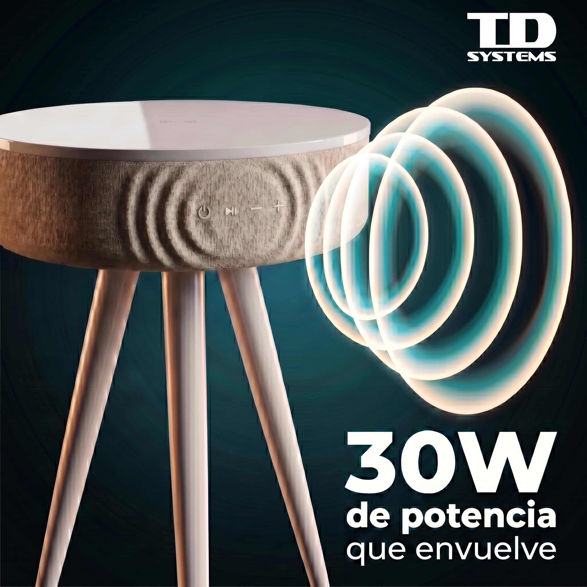 TD Systems - Mesilla Altavoz Bluetooth 30W con Carga Inalámbrica y USB, Mesa Auxiliar con Altavoz Integrado, Batería Recargable, Madera y Lacado Blanco para Salón y Dormitorio | SM30B11WB