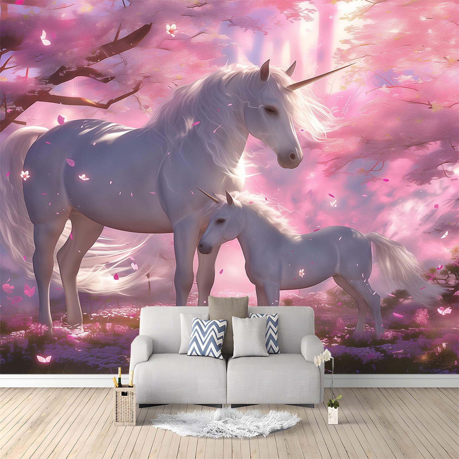 Papier peint intissé licorne rose 3D panoramique 300x210 cm pour chambre d'enfant