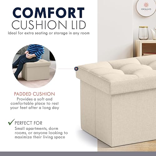 Miniatura 6 de Ornavo Home Otomana de almacenamiento pequeña, juego de 2, plegable, rectangular, de lino, otomano, reposapiés, para sala de estar, dormitorio,