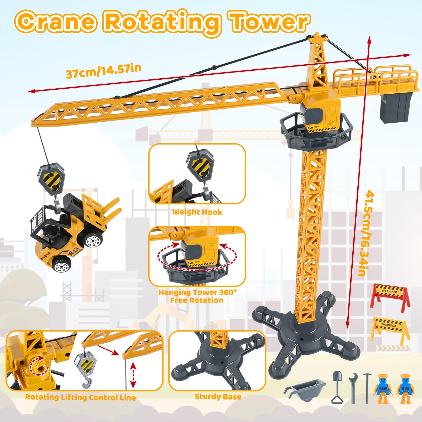 FORMIZON Camion Giocattolo per Bambini, Veicoli da Cantiere con Musica e Luci, 6 Mini Veicoli, Gru Giocattolo Gialla