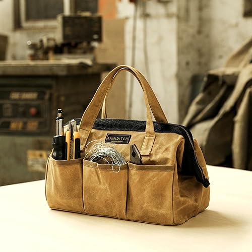 Miniatura 6 de Bolsa de herramientas, lona encerada resistente de 13 pulgadas, bolsa de herramientas de boca ancha, bolsa de herramientas superior abierta con asa