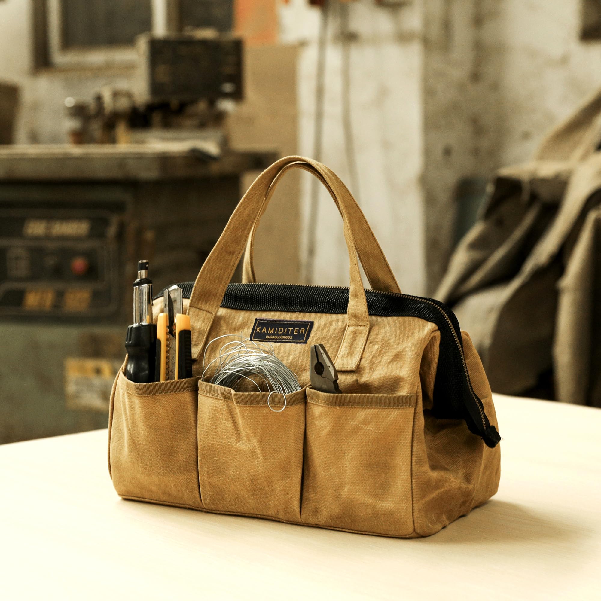 Tool Tote, 13-inch Heavy Duty Waxed Canvas Wide Mouth Tool Bag
