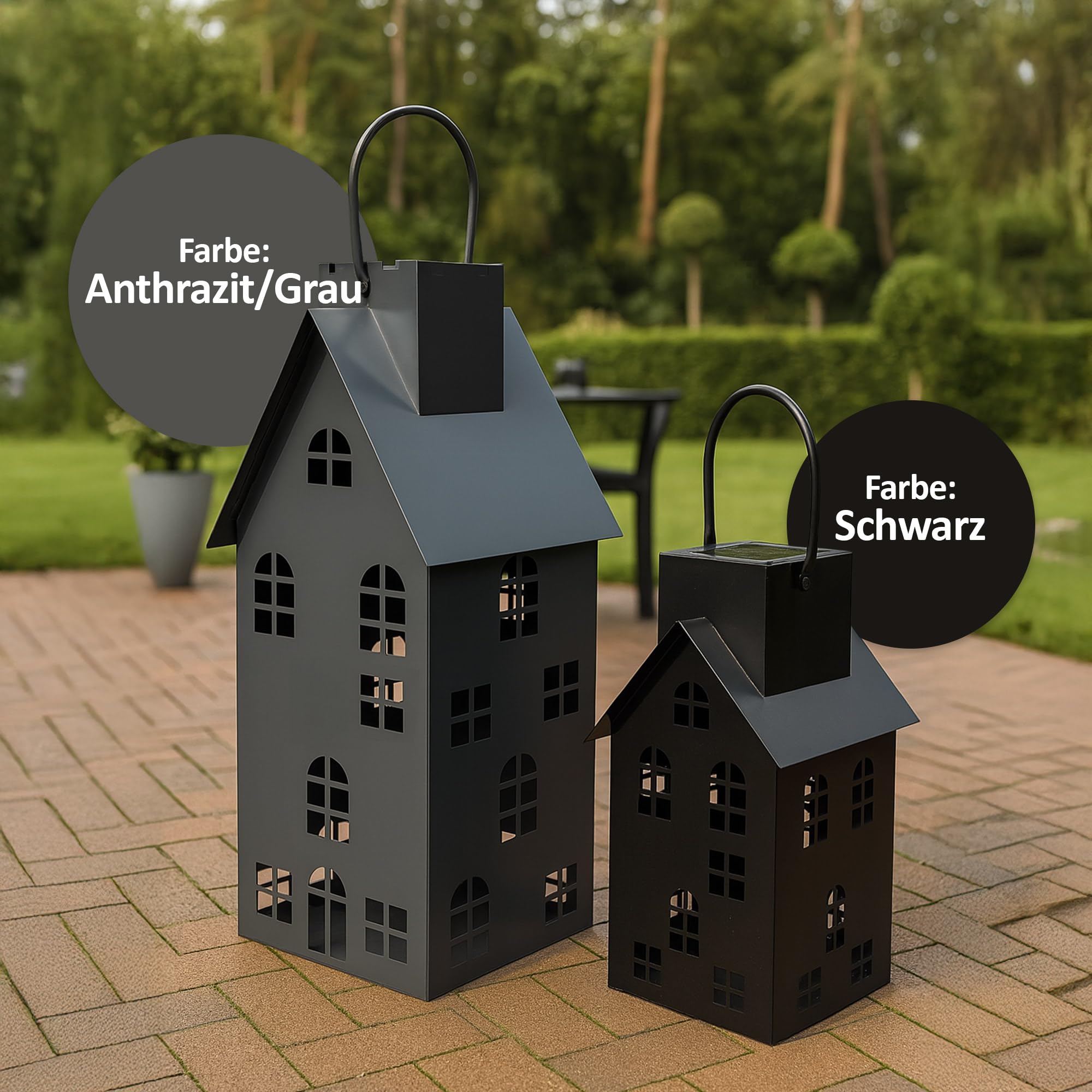 UNUS Laternenhaus in Schwarz, Outdoor Laterne 80 cm groß, Solarlaterne mit LED Licht, für draußen und drinnen, stimmungsvolle Beleuchtung, aus Metall