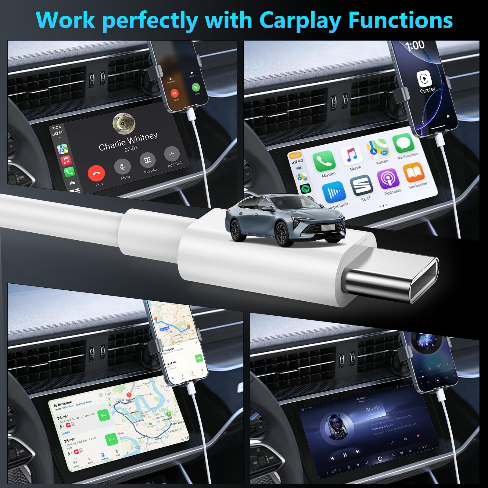 Cavo di ricarica per auto Carplay per iPhone 17, 16, 15, confezione da 3, 90 cm, 1,8 m, 3 m, da USB A a USB C, per Apple 17, 16, 15 Pro/Pro Max/Plus, cavo di tipo C, per Pixel, Galaxy, Note