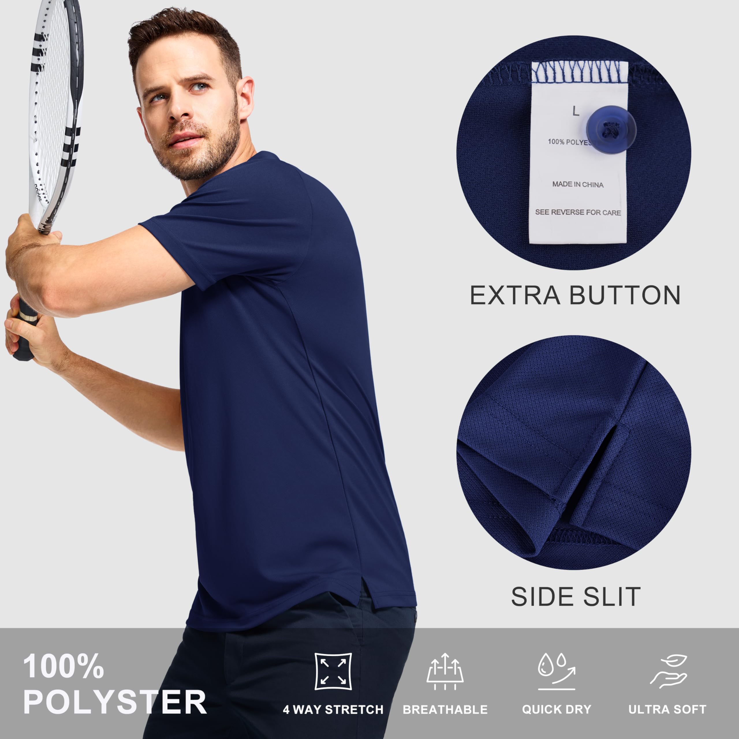 Herren Golf-Poloshirt, schnelltrocknend, trockene Passform, feuchtigkeitsableitend, Performance, Sommer, sportlich, lässig, kurzärmelig, 3 Stück