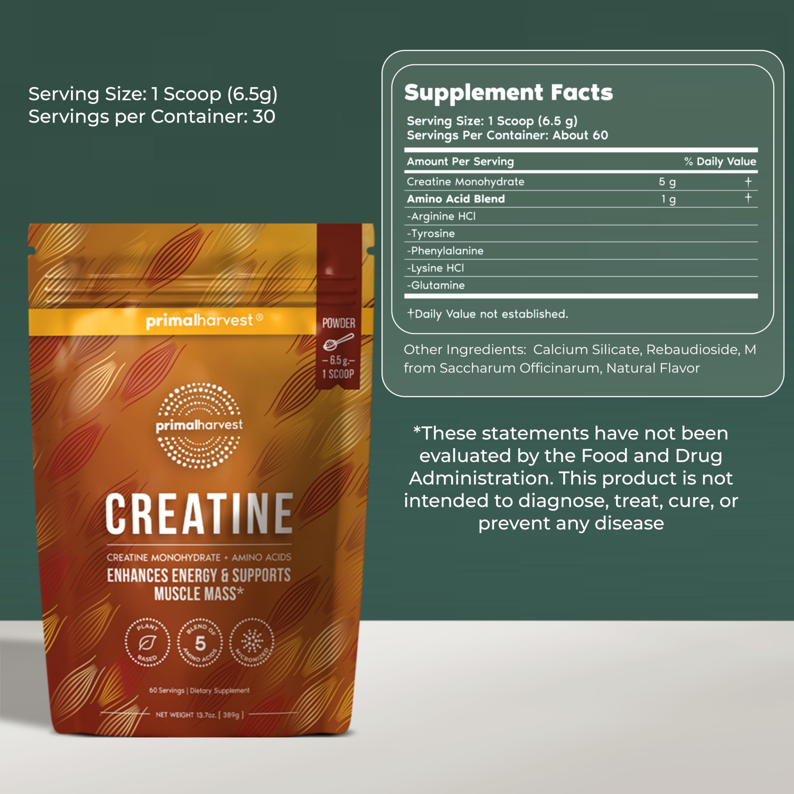 Primal Harvest Creatine - Daily Powdered Supplement, Gluten, Dairy & Soy Free — Amazon image 2