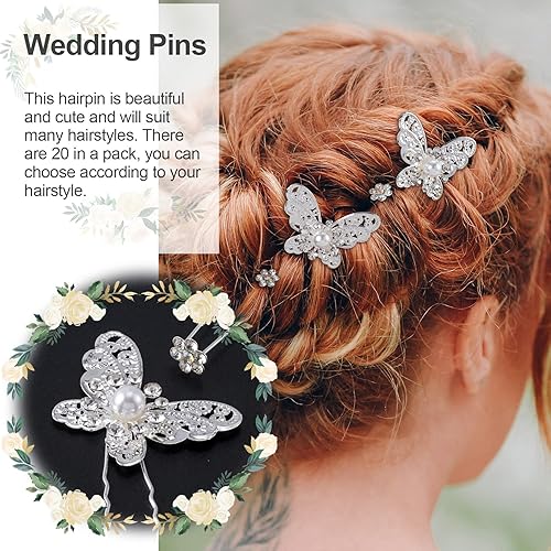 Miniatura 6 de OIIKI 20 horquillas para el pelo nupcial de boda, pinzas de pelo en forma de U de mariposa perla, horquillas de flores de diamantes de imitación,