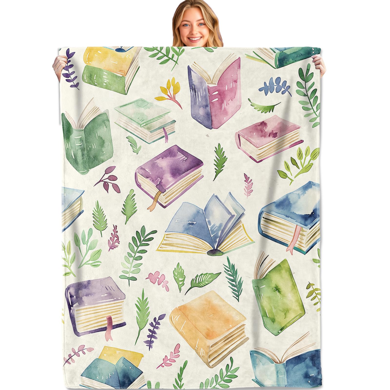 MIEPOS Watercolor Book Throw Blanket, 50x60in, Soft, Lightweight Flannel,Colorful Reading Pattern with Leaves on Cream Blankets, Gifts for Bookworm