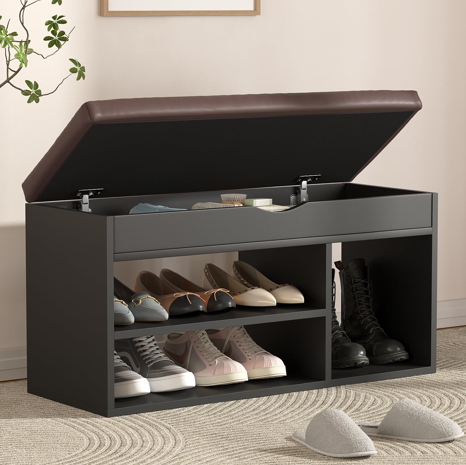 Apicizon Entryway Bench with Shoe Storage, Black, 2-Tier Shoe Rack, Padded Cushion, Wooden Frame