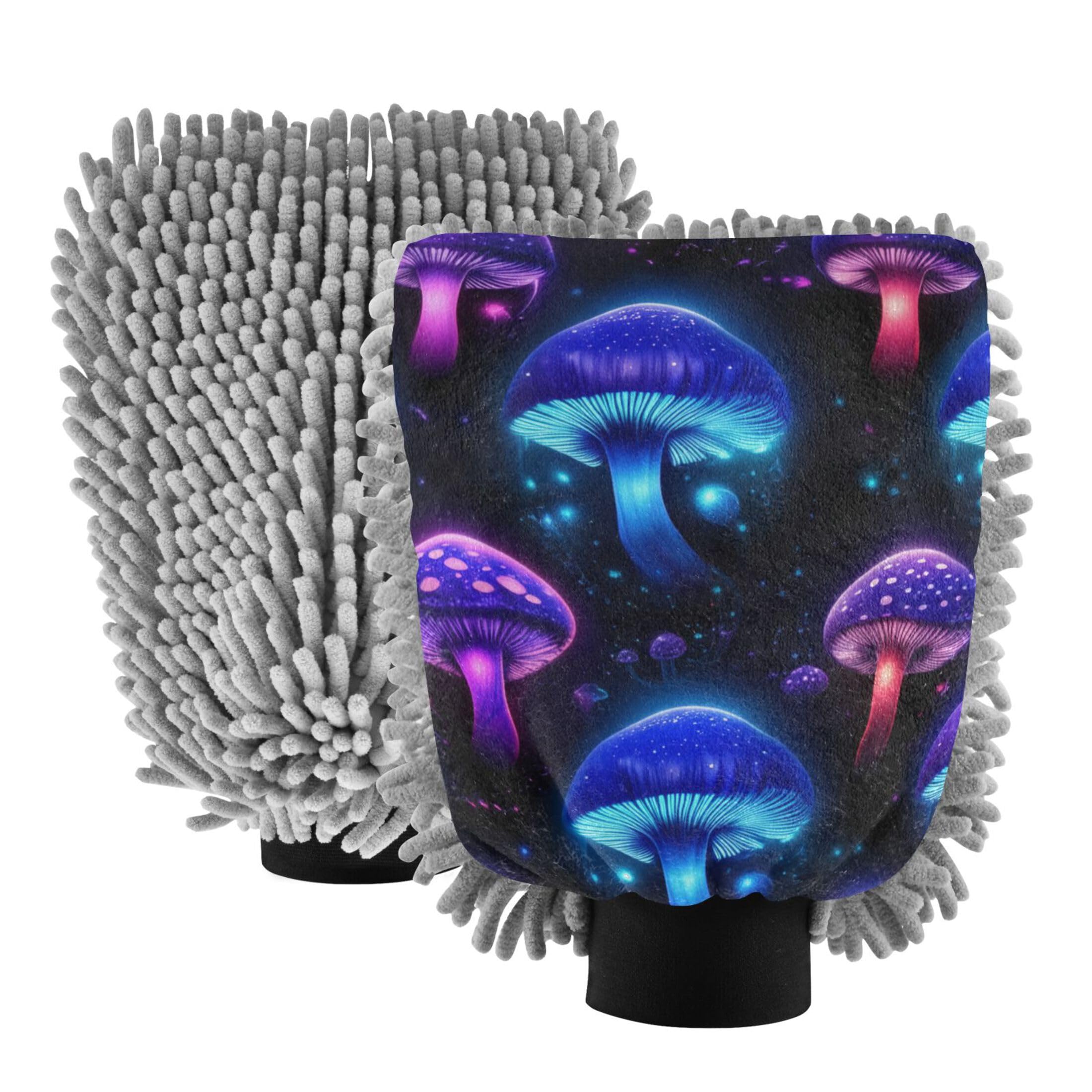Luminous Blue Mushrooms Black Wash Mitt Car Washing Microfiber Chenille Absorbent Cleaning Scrub Pads Car Detailing Soft Scratch Free, Medium x 2 Pack