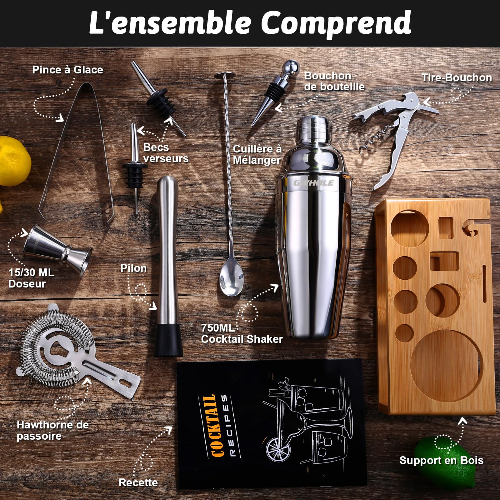Kit Shaker à Cocktail en Acier Inoxydable GWHOLE avec Support Bois et Recette