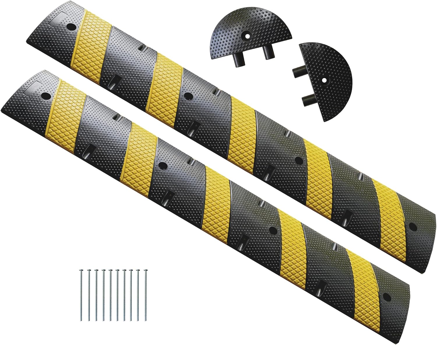 UNIMAT Traffic Speed Bump 2 Pack with 2 end caps with Hardware, Economy Recycled Rubber, Especially Made for Asphalt Black and Yellow Rubber Stripes 8 Bolts Included, Load Capacity 44,000 lbs.