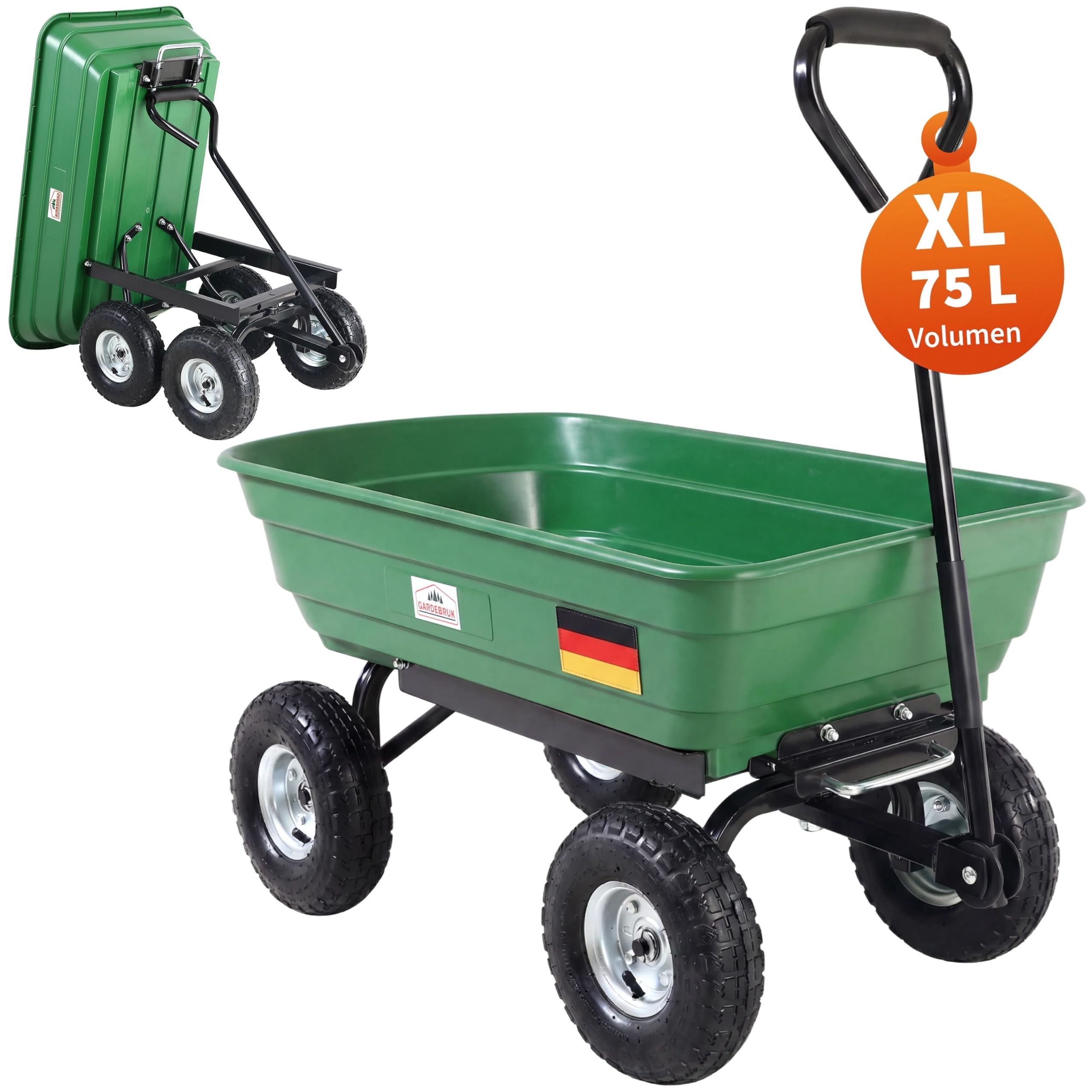 GARDEBRUK Carretilla de Jardín 75L | Basculante, Carga 300Kg, 4 Ruedas Neumáticas, Llantas Acero, Eje Dirección, Asa Acolchada, Marco Acero, Cubeta Plástico