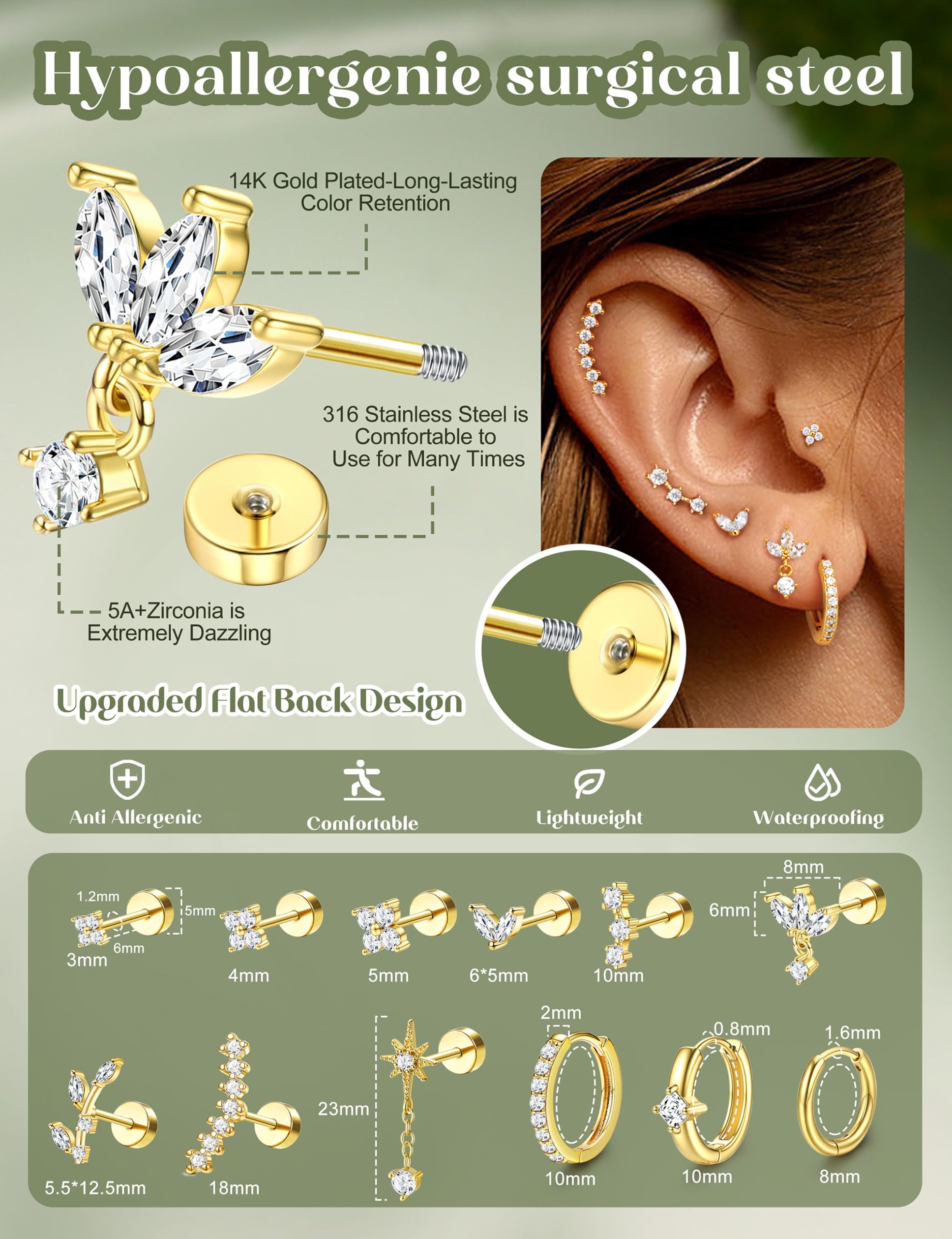 Helix Piercing Schmuck Set mit Ohrringen aus Chirurgenstahl