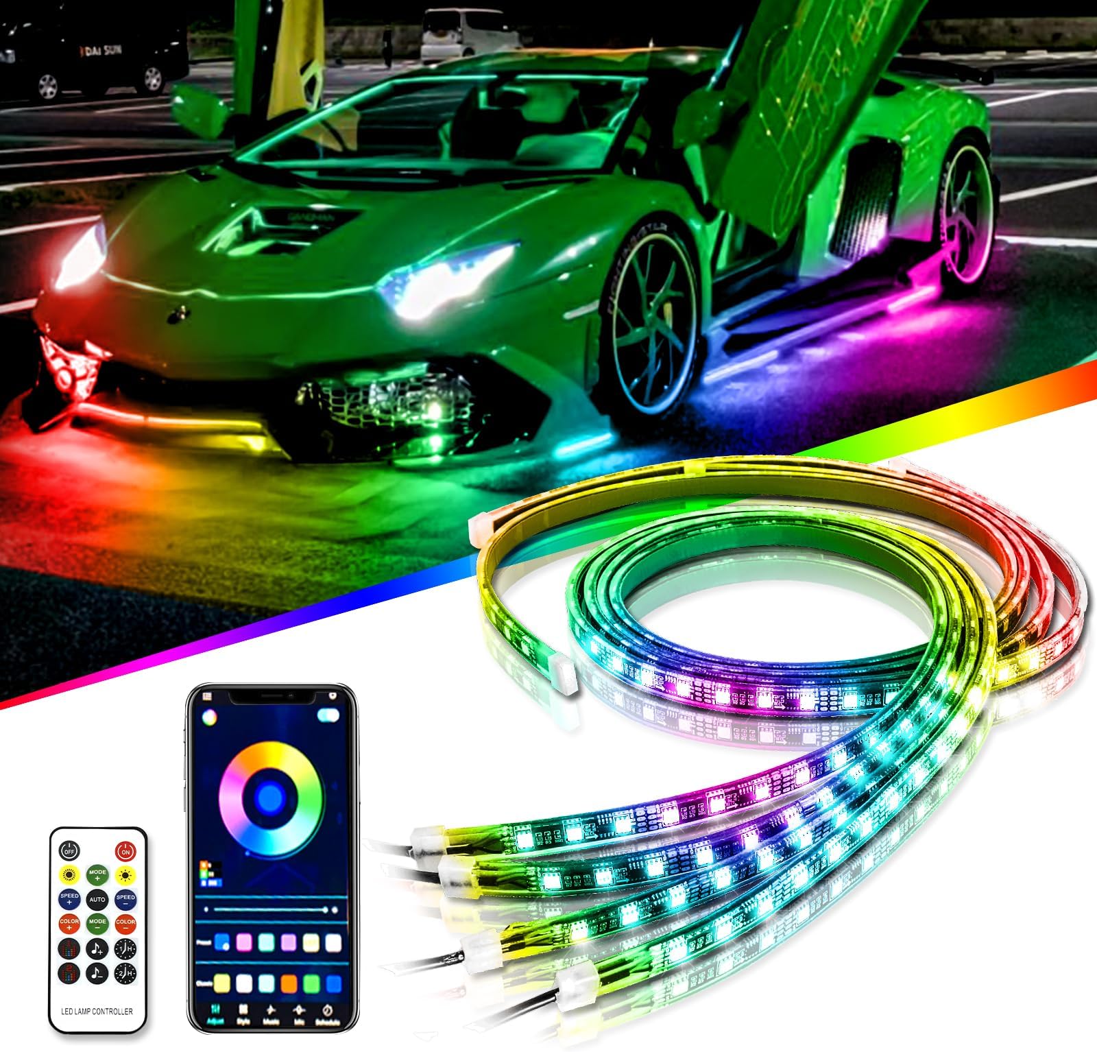 4PCS Car LED Underglow Lights Underbody Neon Accent Light Kit Exterior Strip Dream Lights Chasing Color Bluetooth App and Remote Control for SUV Trucks Boats Waterproof Accessories