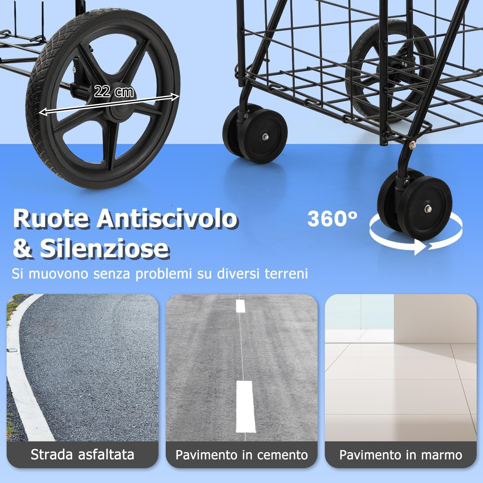 GYMAX Carrello Porta Spesa con Borsa, Carico 40 kg, 100 L + 22 L, 4 Ruote (2 Ruote Universali), Trolley Pieghevole in Metallo, 61 x 60 x 102 cm, Nero