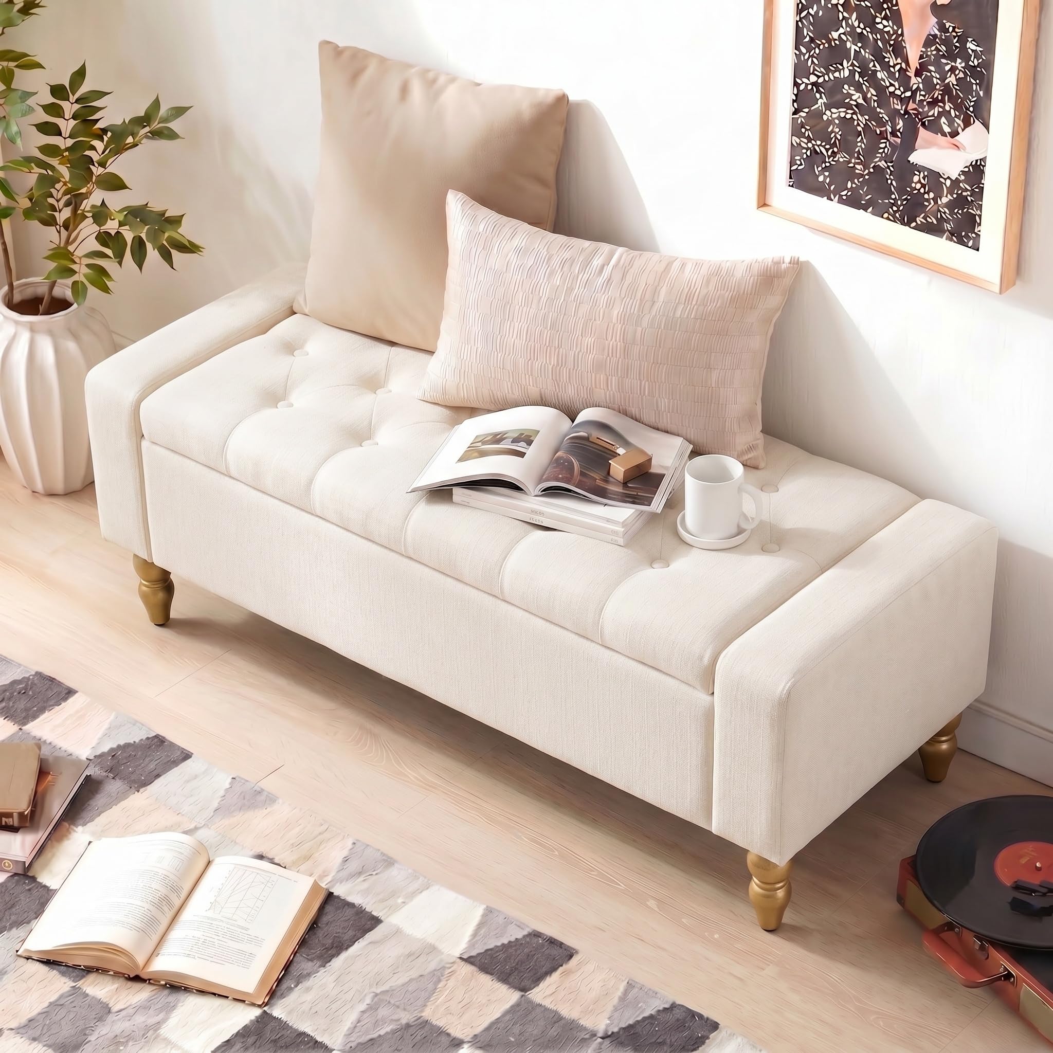 Banco de Almacenamiento con Asiento Acolchado – Banco Caja Multiusos para Entrada, Salón o Dormitorio | Pouf con Caja de Gran Capacidad, Tapizado Resistente y Fácil Montaje | Diseño Moderno Beige