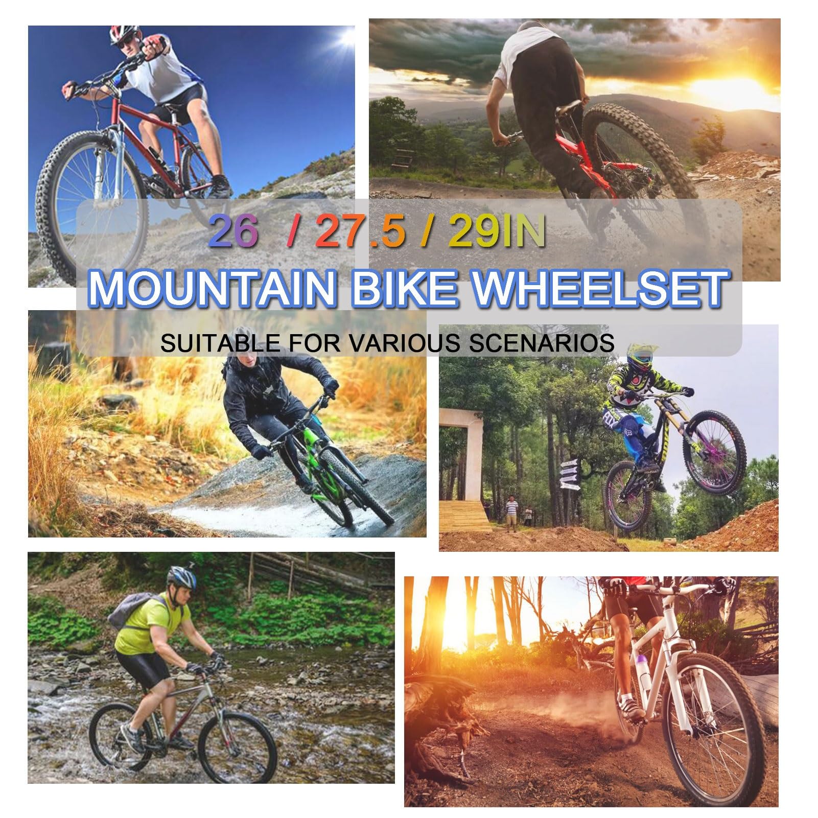 Ruote per Mountain Bike in Lega di Alluminio con Freni a Disco, 32 Fori, Perno Passante, 4 Cuscinetti sigillati, Cerchio a sgancio rapido, Pneumatici da 26, 27,5 e 29 Pollici x 25-35.