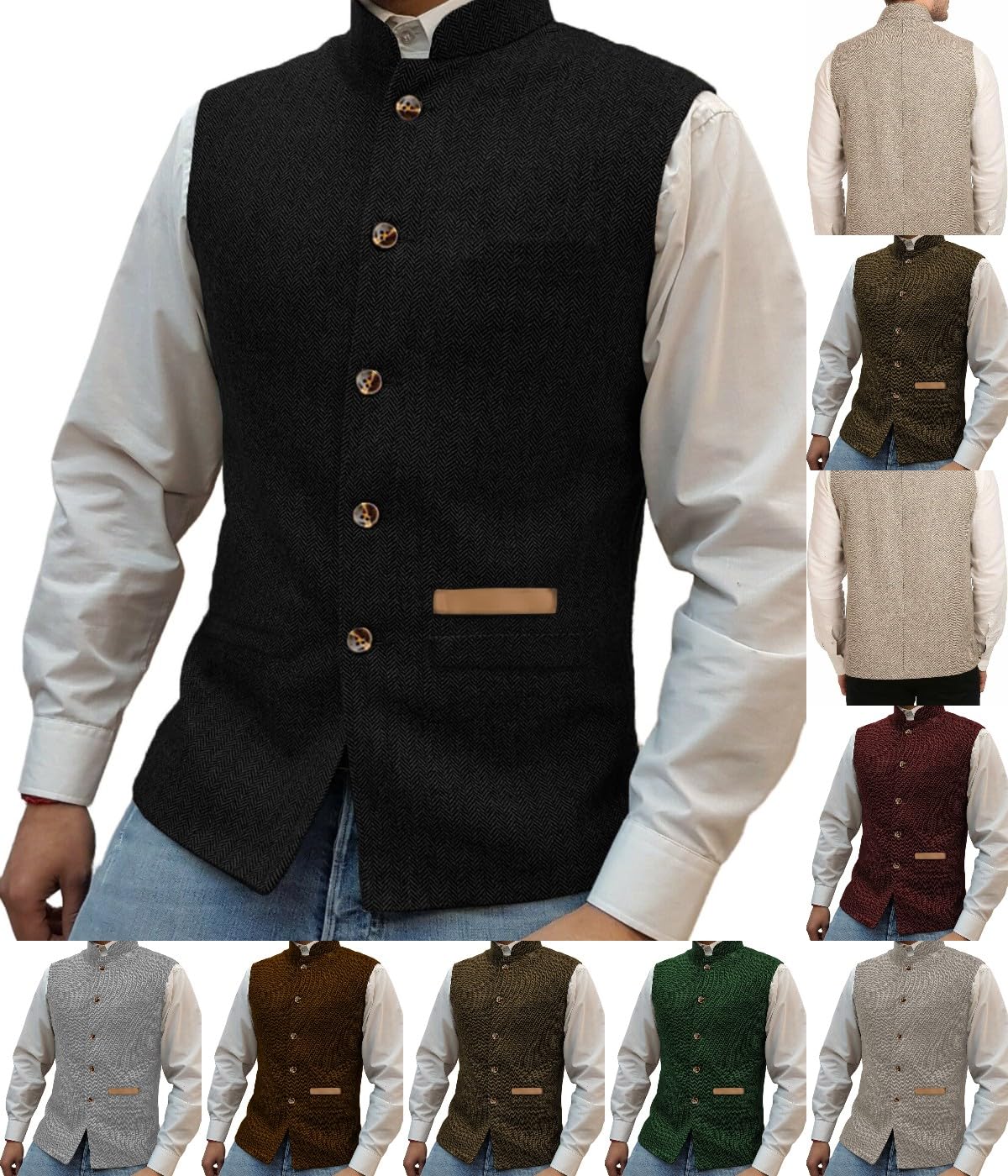 Gilet à col montant pour homme - En tweed - À chevrons - Rétro - Doublure en laine - Pour mariage et chasse