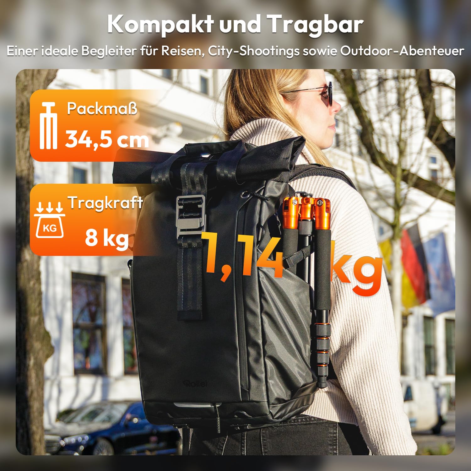 Rollei Compact Traveler No.1 Orange, 145cm Stativ Kamera mit Kugelkopf Leichtes Reisestativ aus Aluminium Fotostativ Kompakt Arca Swiss Kompatibel Kamerastativ & Einbeinstativ für DSLR und Smartphone