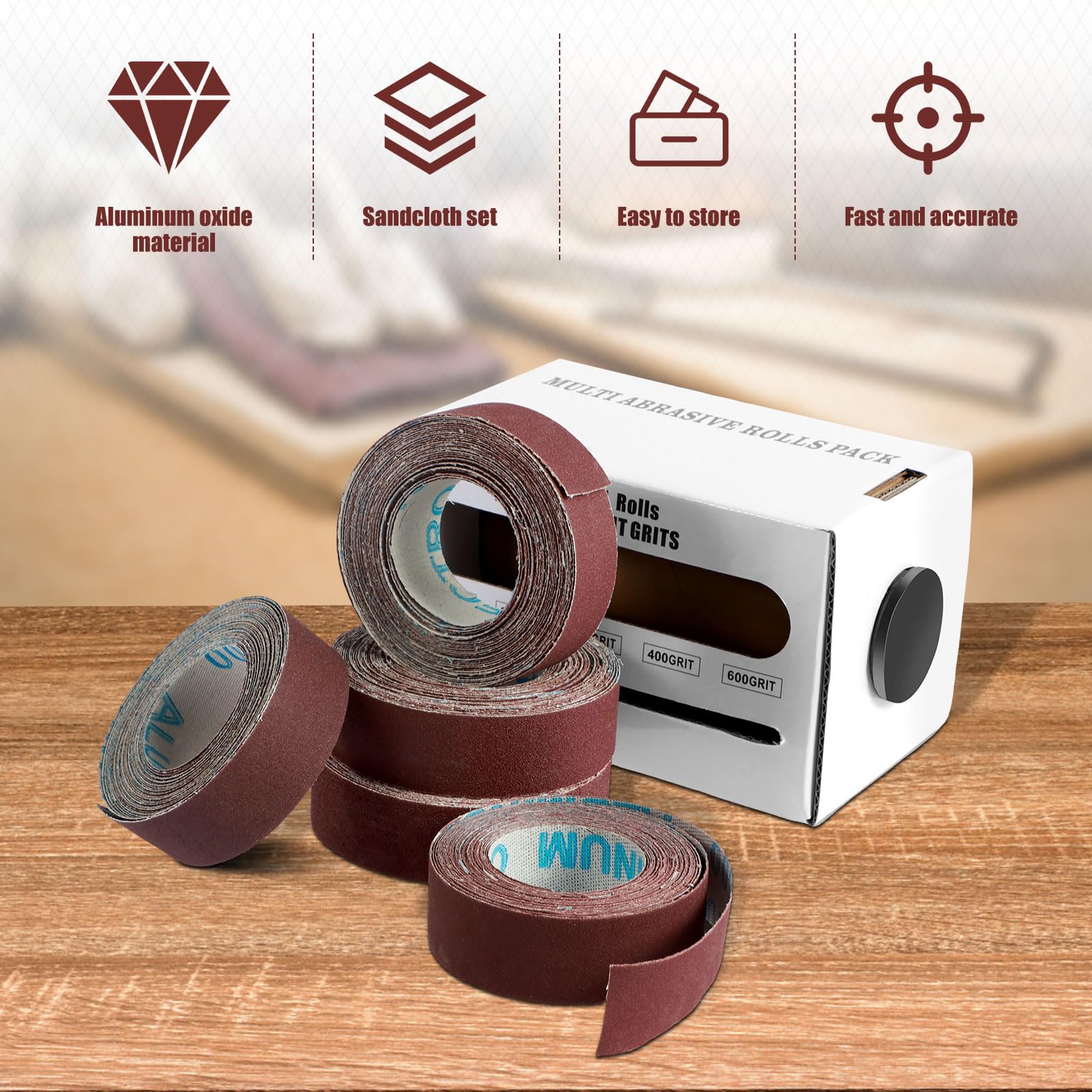 Schleifpapier Rolle mit Spenderbox für Holz & Metall (1) | Schmirgelpapier-Set in 5 Körnungen (150-600). Jede Schleifband-Rolle misst 25 mm x 6 m. Ideal für Heimwerker und DIY-Projekte